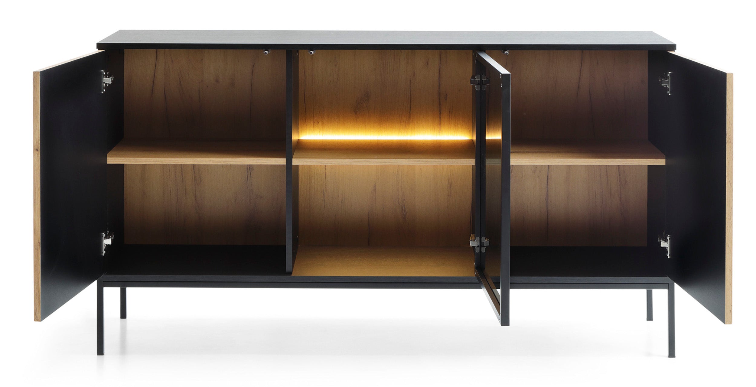 Tosena Kommode mit drei Türen und LED-Beleuchtung, 154 cm, Schwarz/Wotan-Eiche