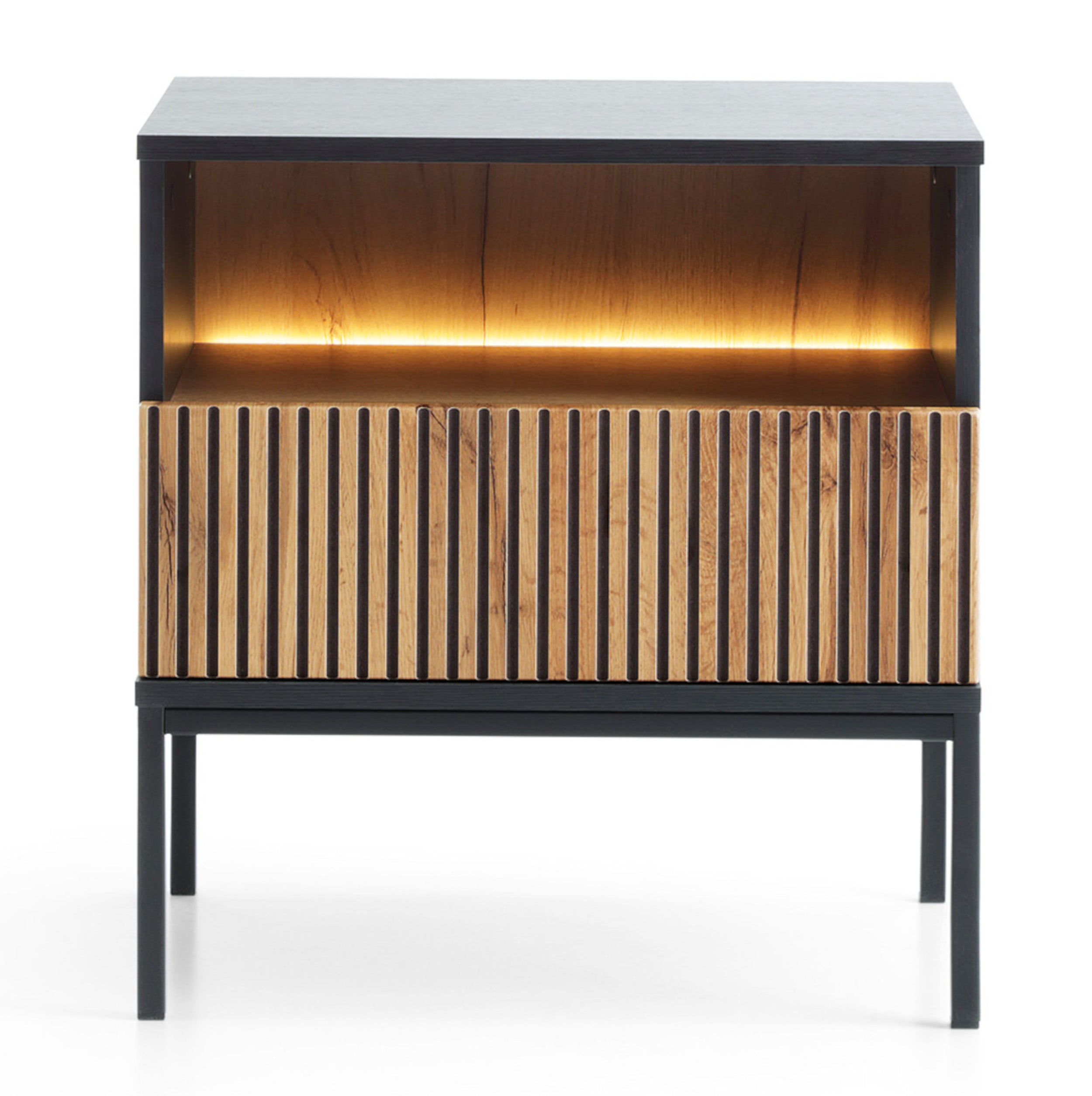 Nachttisch Tosena mit Schublade und LED-Beleuchtung 54 cm Schwarz/Wotan-Eiche