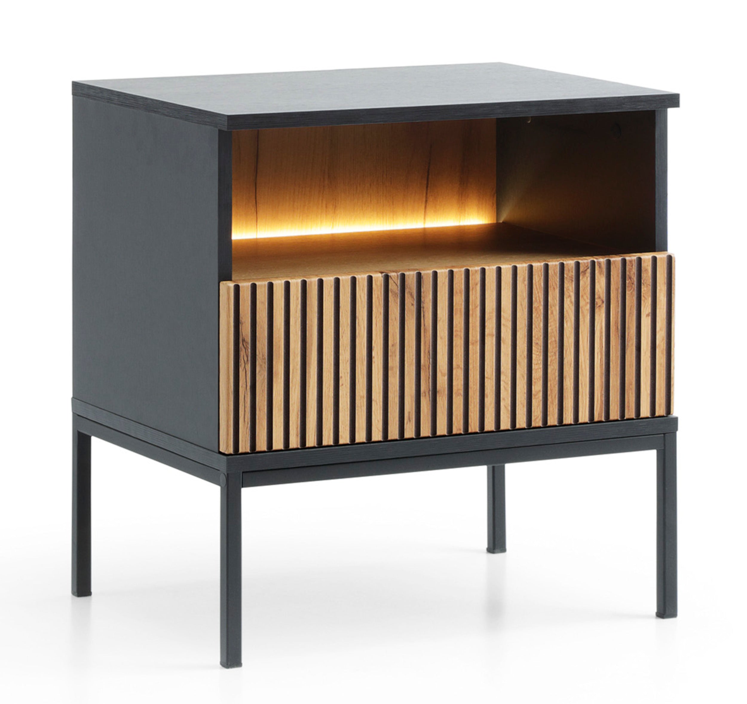 Nachttisch Tosena mit Schublade und LED-Beleuchtung 54 cm Schwarz/Wotan-Eiche