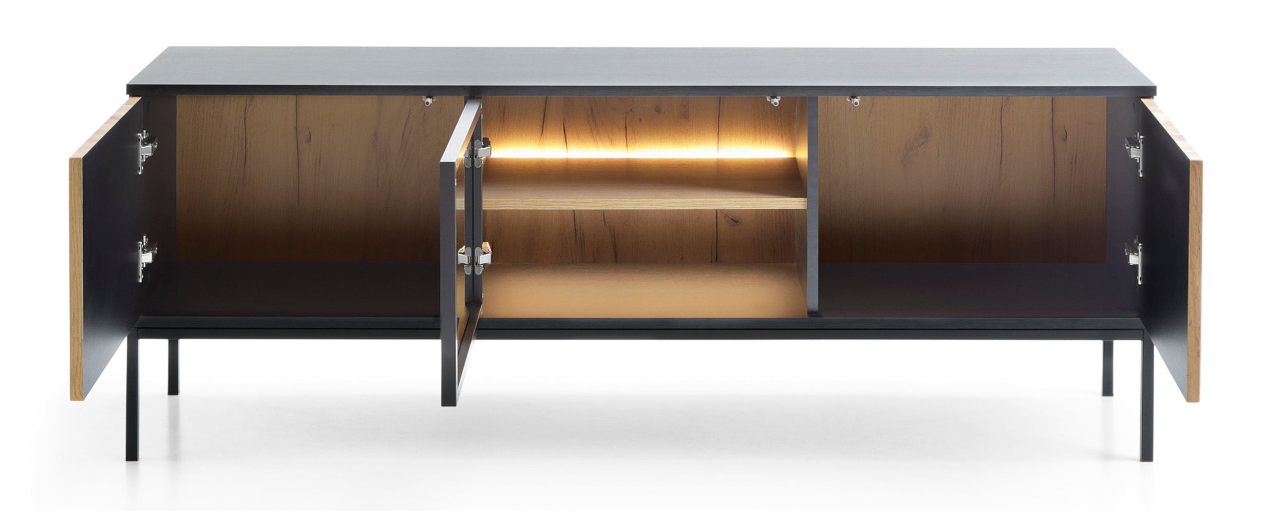 Tosena TV-Schrank mit drei Türen und LED-Beleuchtung, 154 cm, Schwarz/Wotan-Eiche