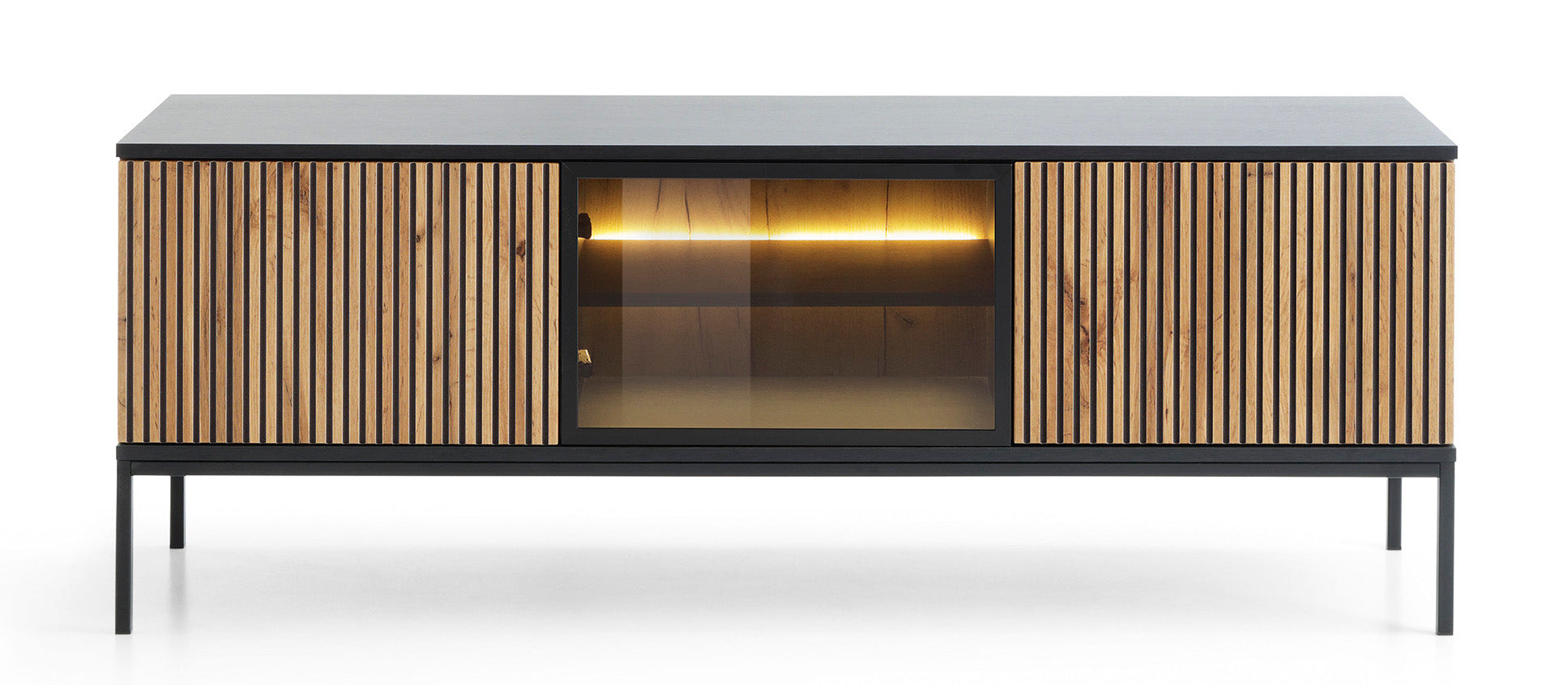 Tosena TV-Schrank mit drei Türen und LED-Beleuchtung, 154 cm, Schwarz/Wotan-Eiche