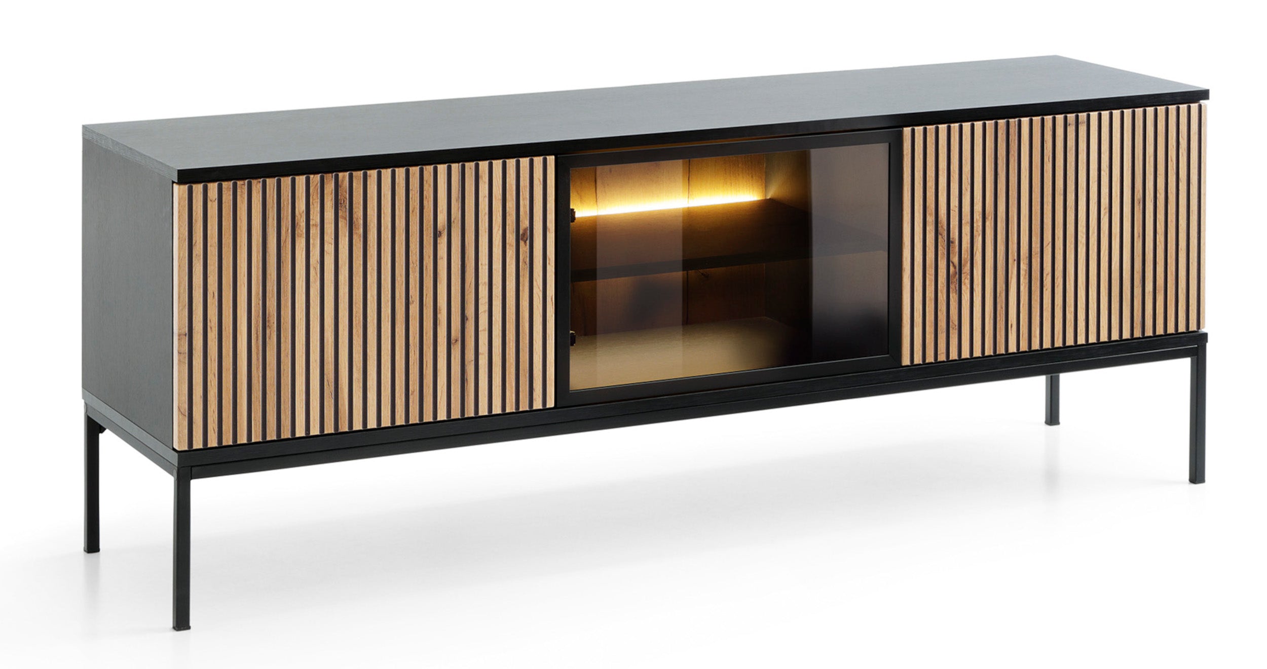 Tosena TV-Schrank mit drei Türen und LED-Beleuchtung, 154 cm, Schwarz/Wotan-Eiche