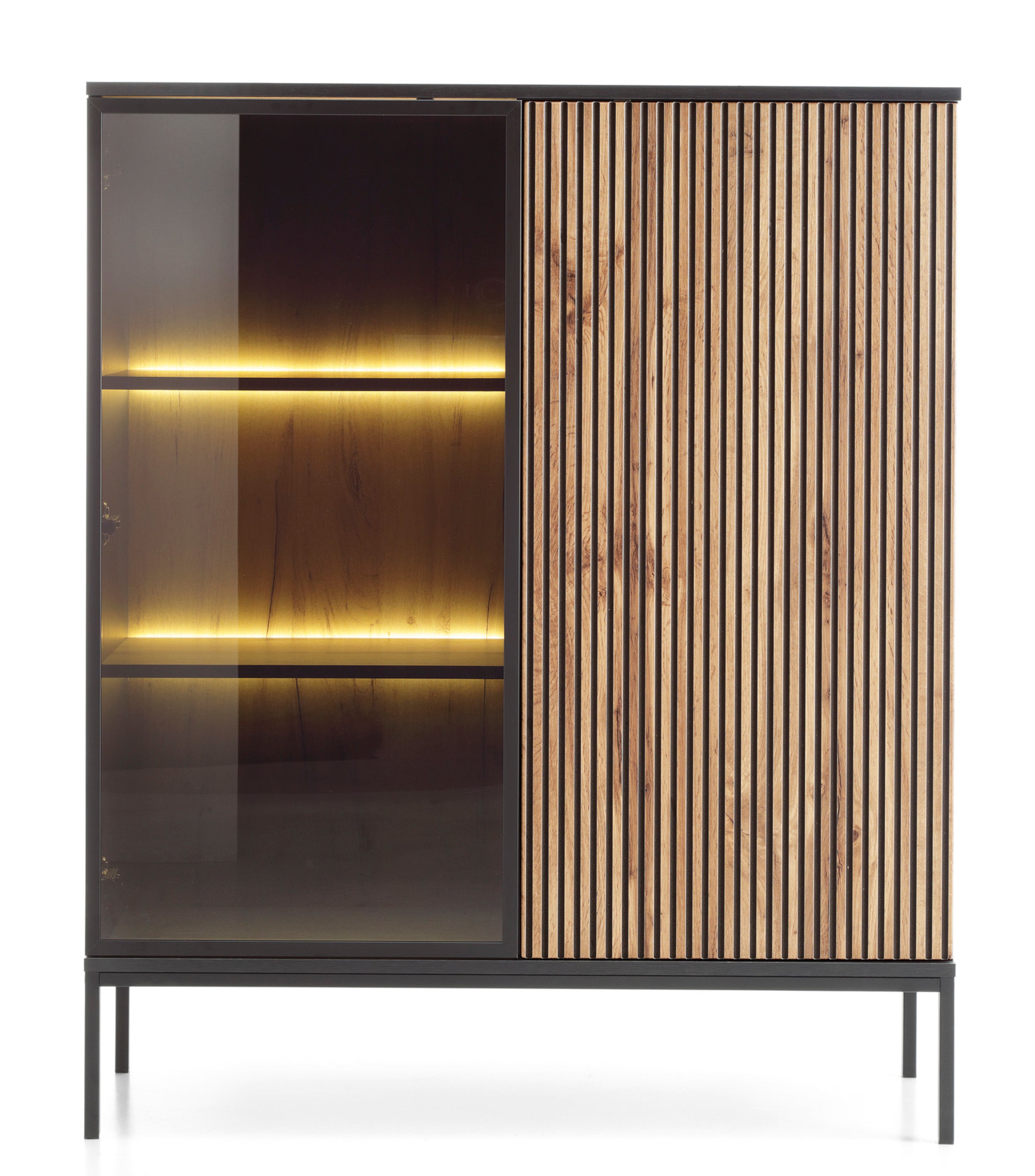 Tosena Vitrine mit zwei Türen und LED-Beleuchtung, 104 cm, Schwarz/Wotan-Eiche