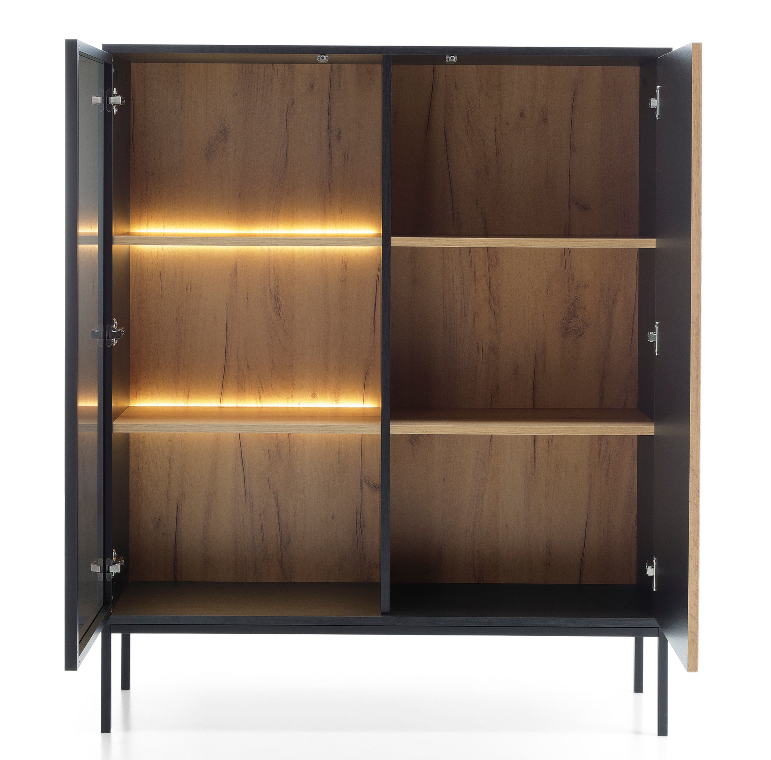 Tosena Vitrine mit zwei Türen und LED-Beleuchtung, 104 cm, Schwarz/Wotan-Eiche