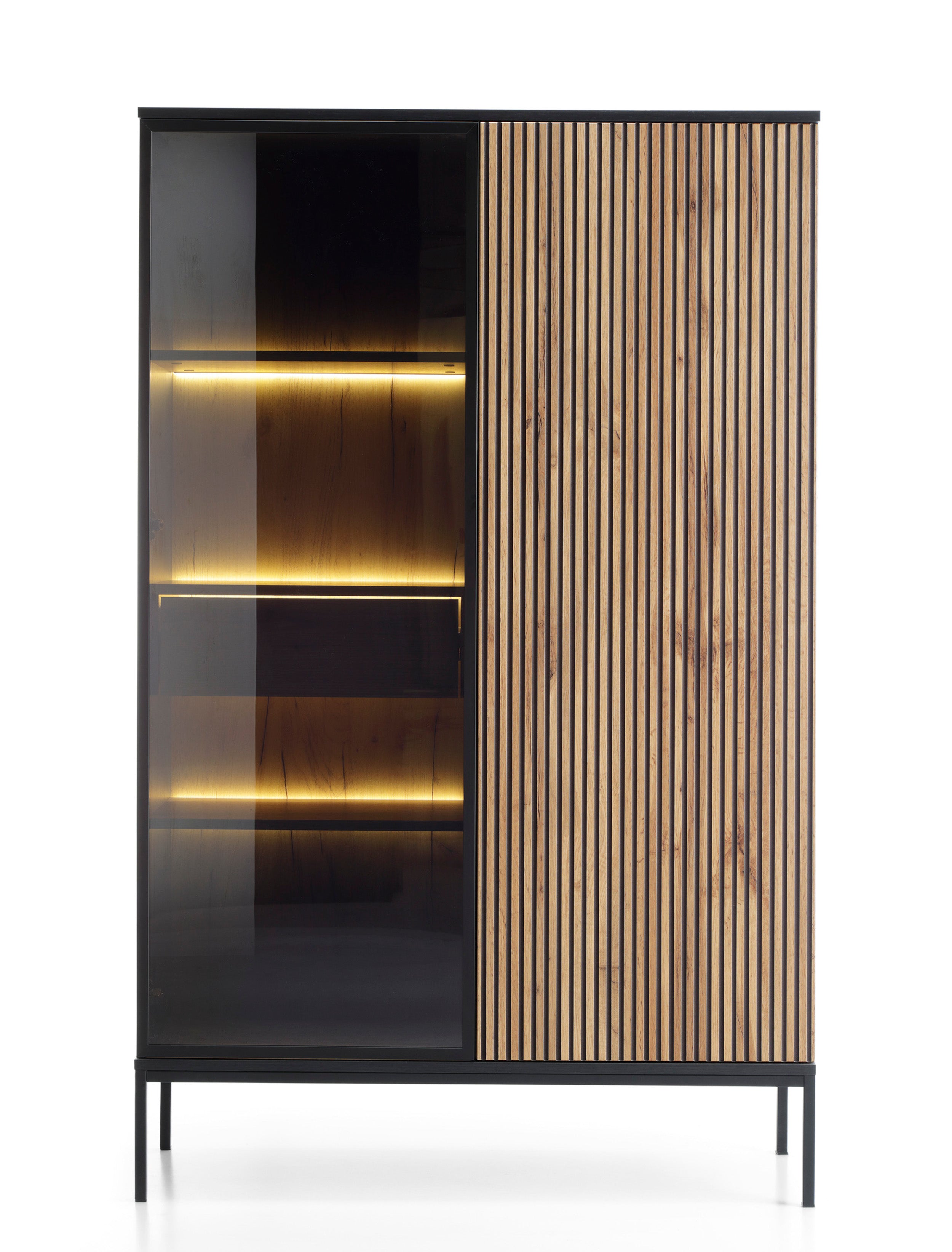 Hohe Vitrine Tosena mit zwei Türen, einer Schublade und LED-Beleuchtung, 104 cm, Schwarz/Wotan-Eiche