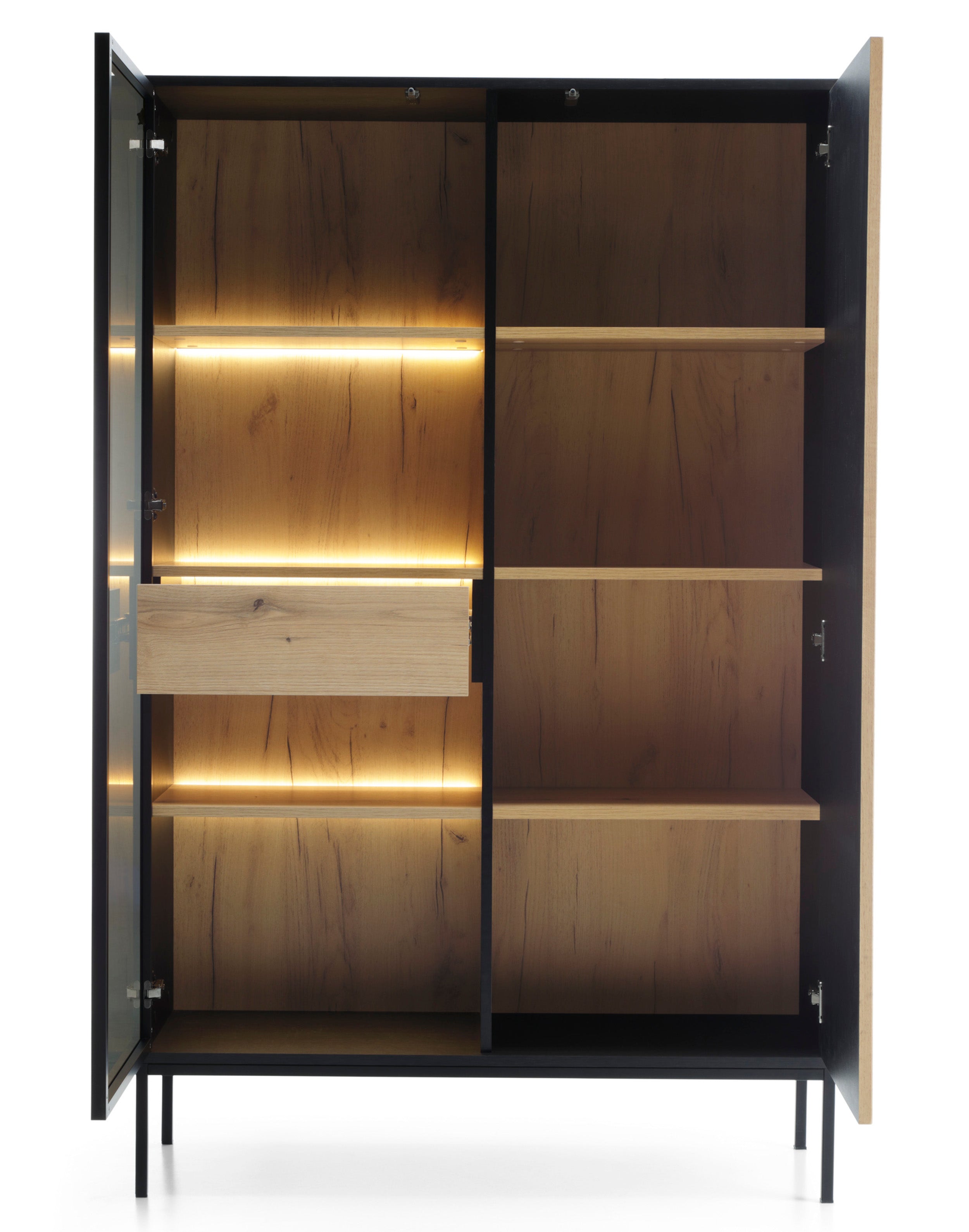 Hohe Vitrine Tosena mit zwei Türen, einer Schublade und LED-Beleuchtung, 104 cm, Schwarz/Wotan-Eiche