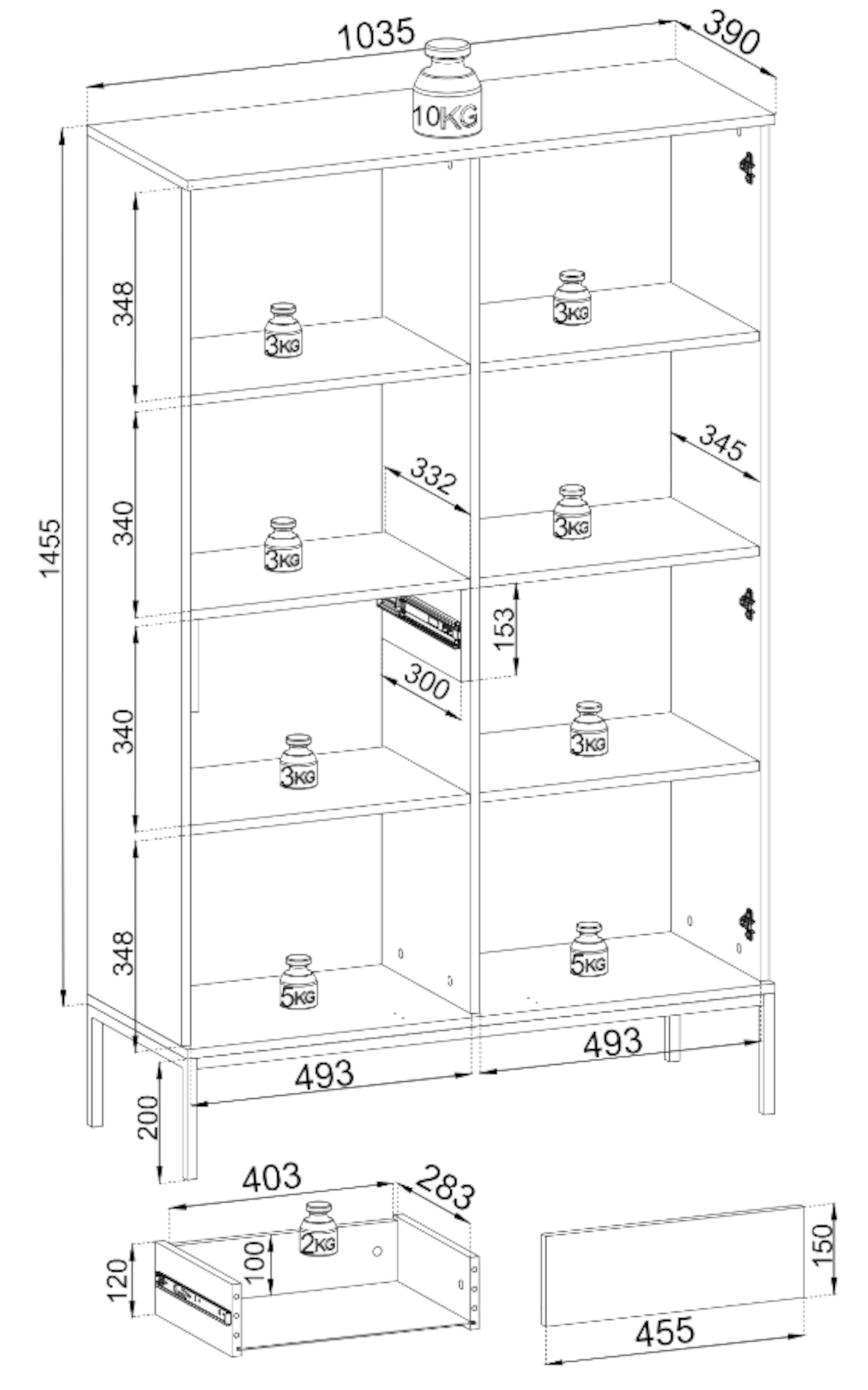 Hohe Vitrine Tosena mit zwei Türen, einer Schublade und LED-Beleuchtung, 104 cm, Schwarz/Wotan-Eiche