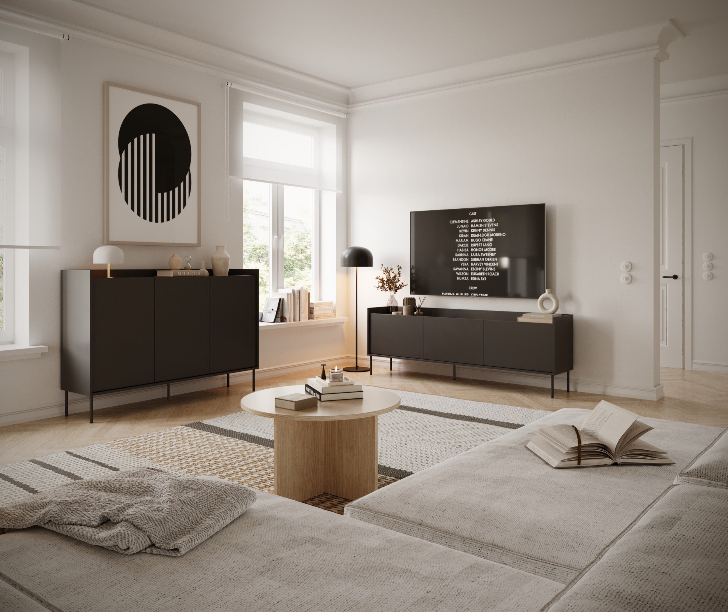 TV-Schrank Tovi, dreitürig, 140 cm, Schwarz/Wisconsin-Nussbaum