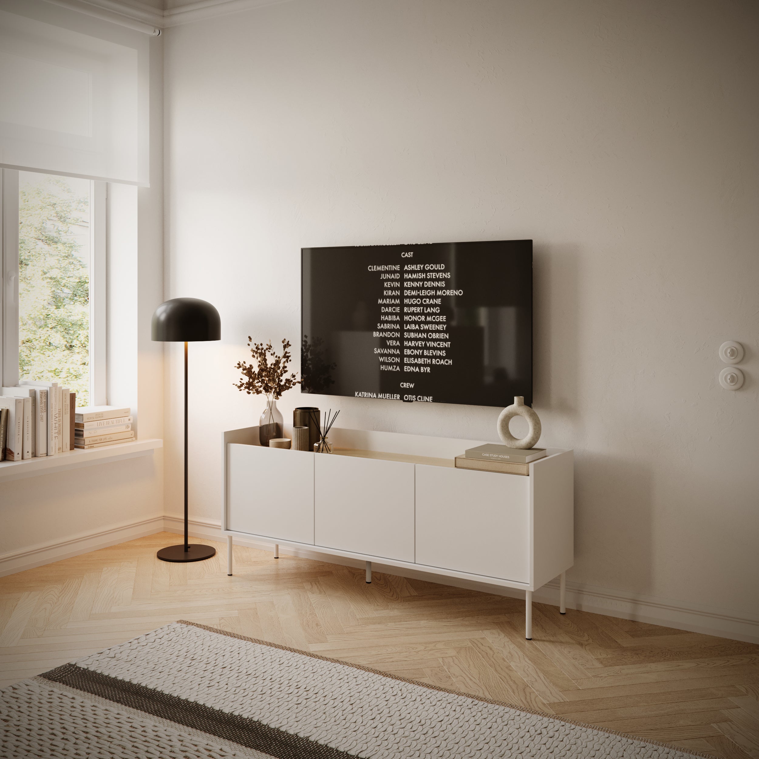 TV-Schrank Tovi, dreitürig, 140 cm, weiß/Lindberg Eiche