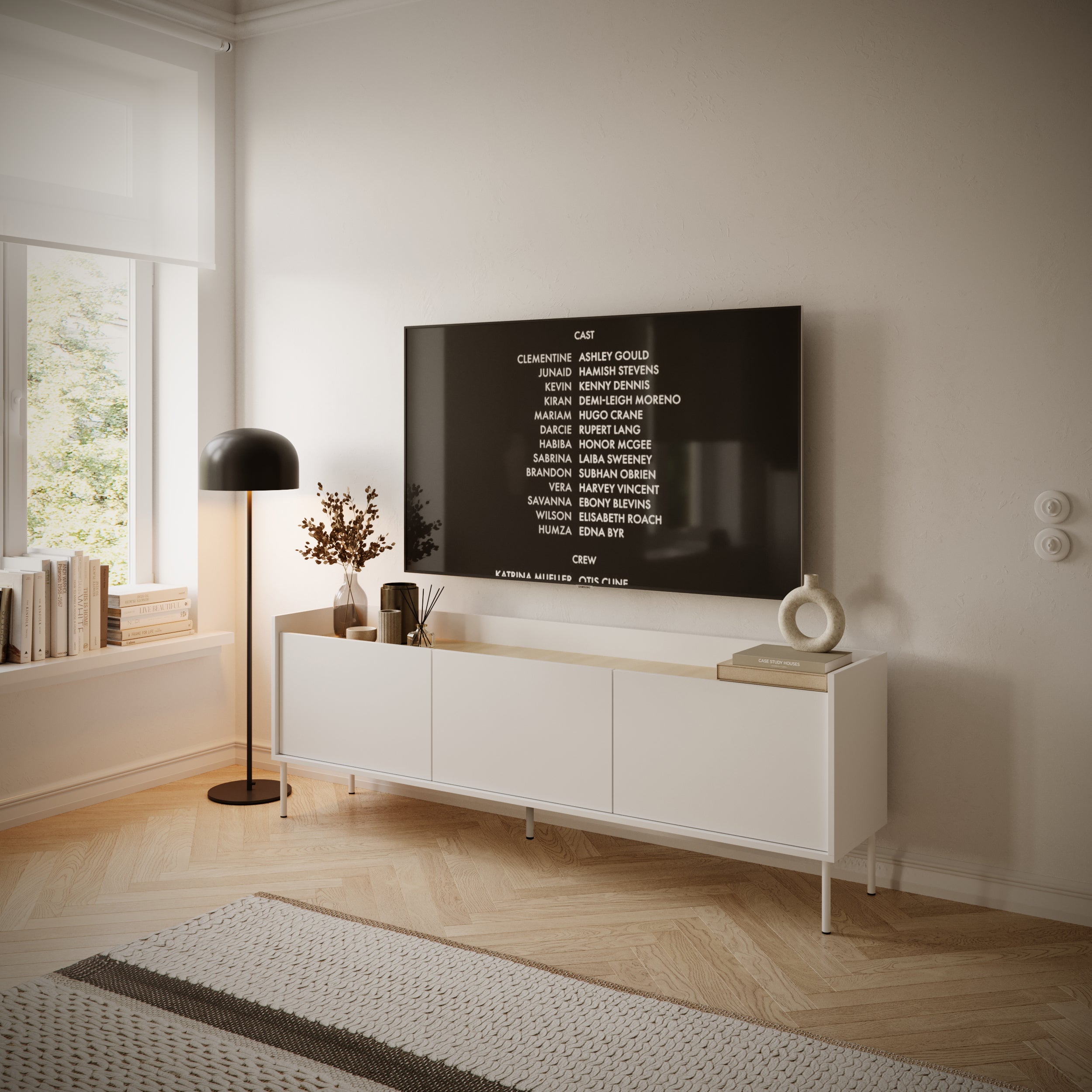 TV-Schrank Tovi, dreitürig, 175 cm, weiß/Lindberg-Eiche