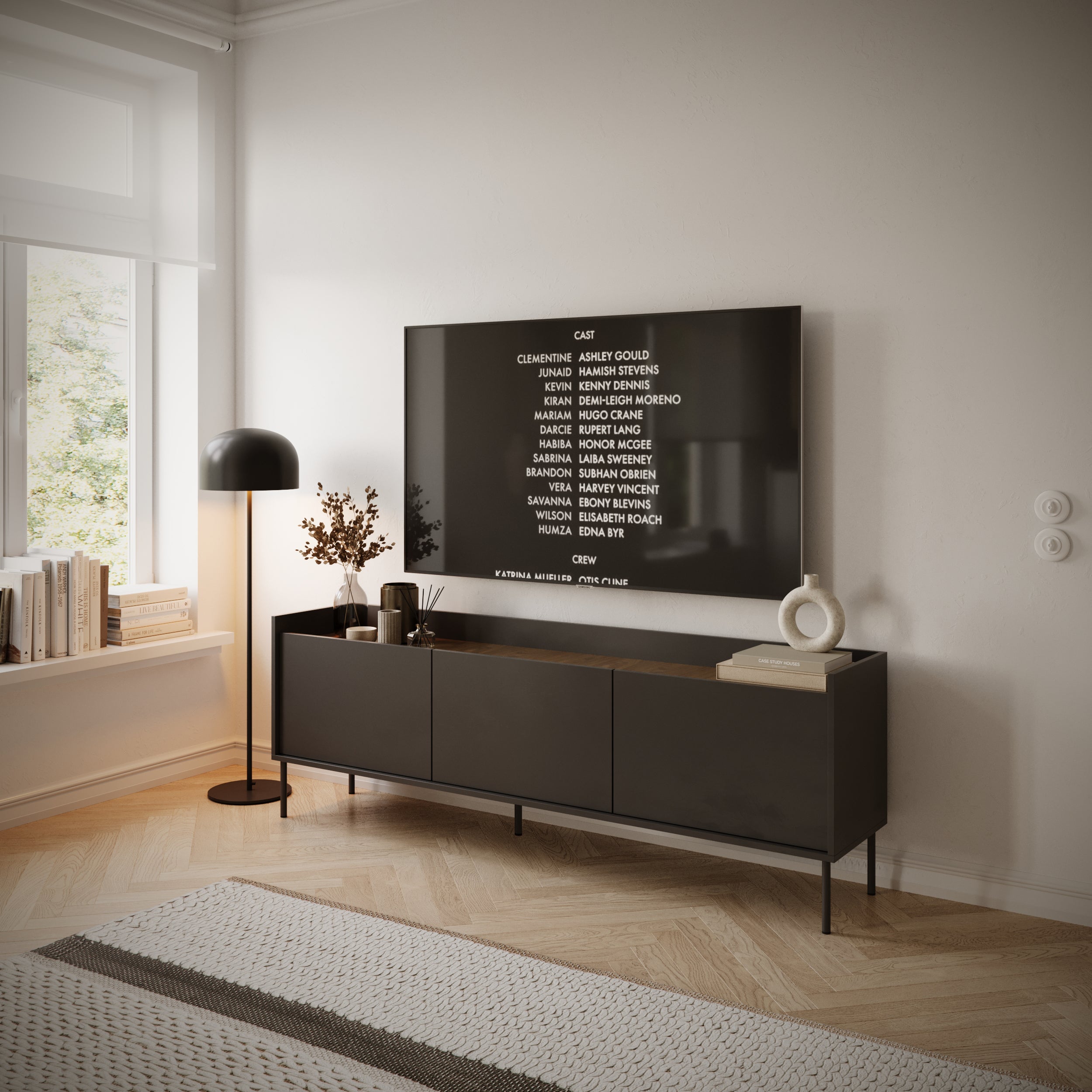 TV-Schrank Tovi, dreitürig, 175 cm, Schwarz/Wisconsin-Nussbaum