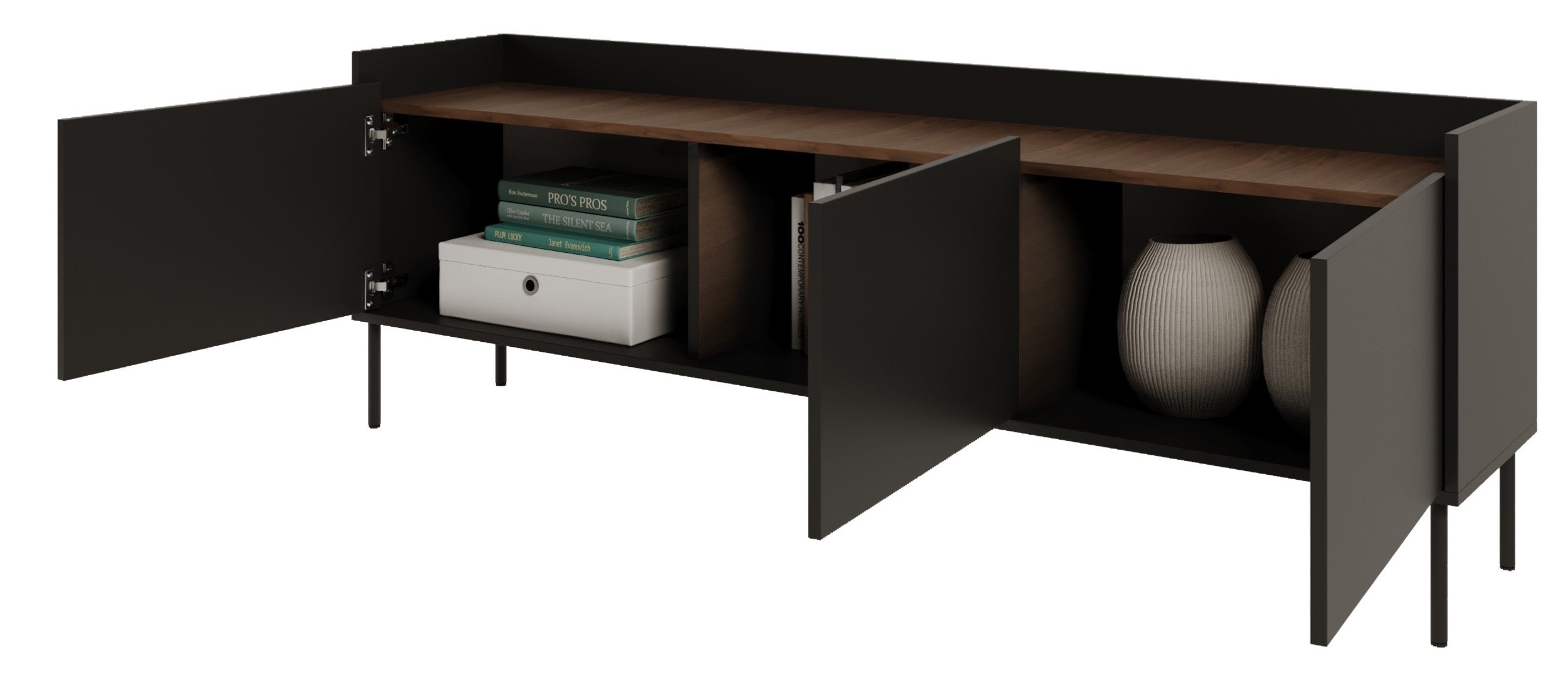 TV-Schrank Tovi, dreitürig, 175 cm, Schwarz/Wisconsin-Nussbaum