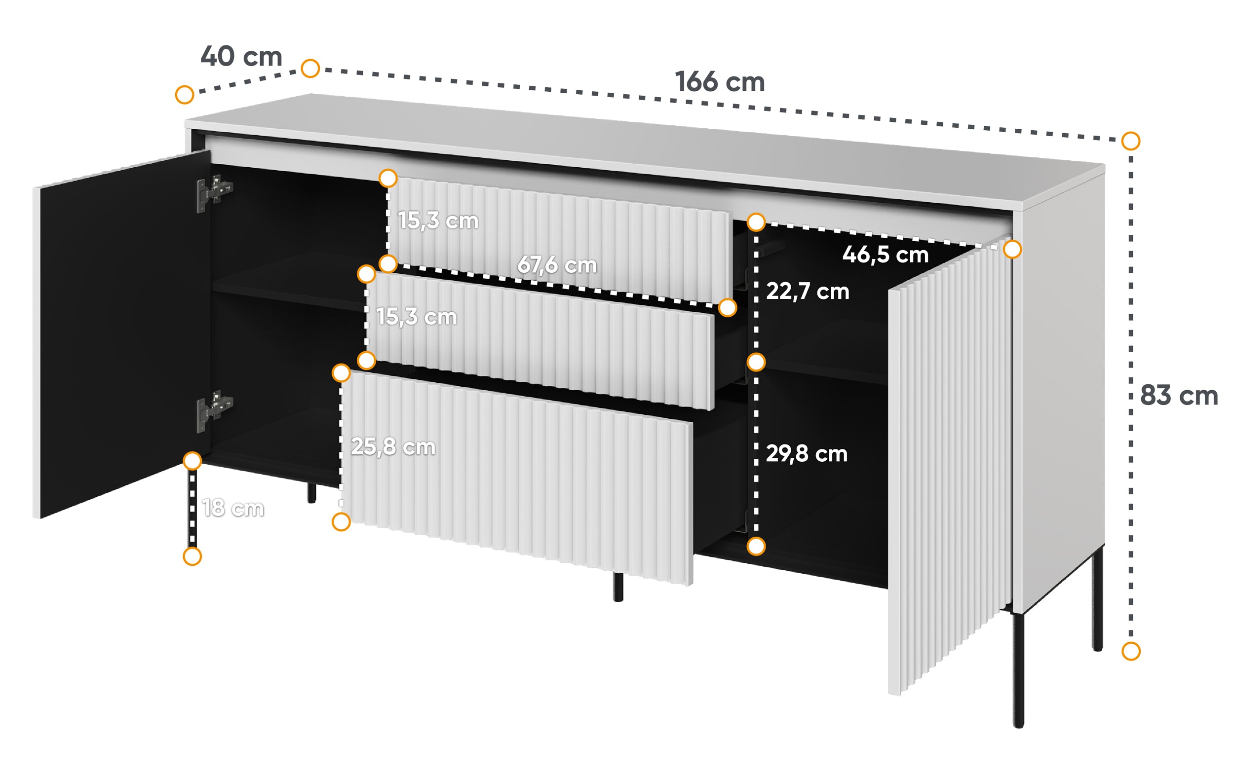 Zweiturige Kommode Trend 166 cm mit drei Schubladen und LED Weiß