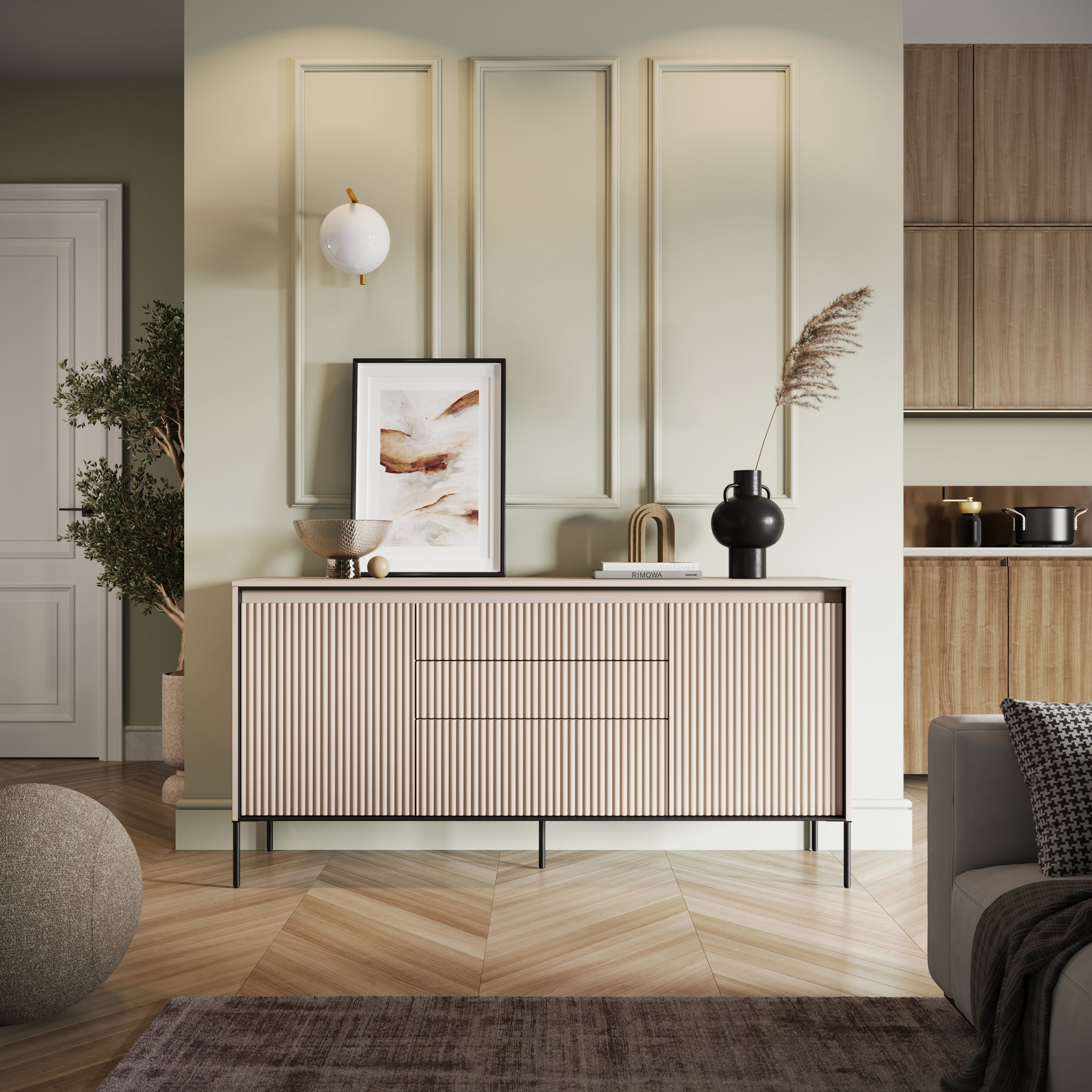 Trend 166 cm zweiteilige Kommode mit drei Schubladen und LED, Beige