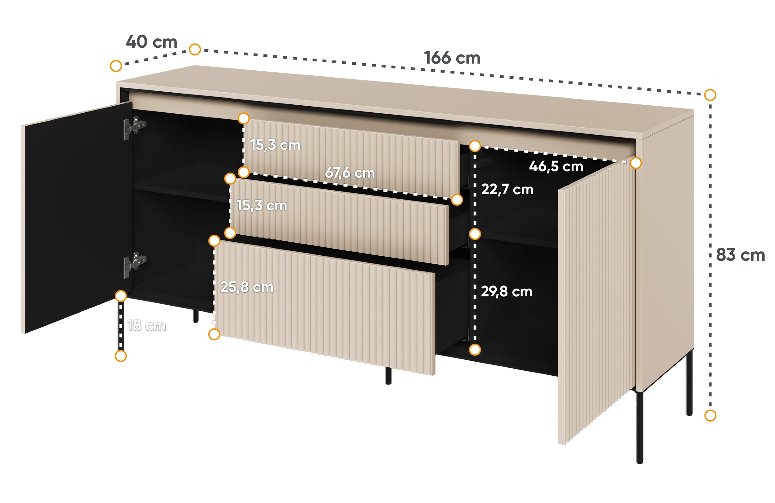 Trend 166 cm zweiteilige Kommode mit drei Schubladen und LED, Beige