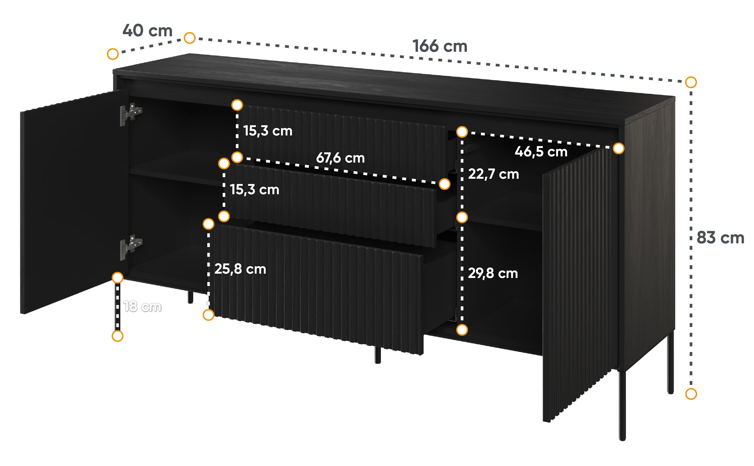 Trend 166 cm zweitürige Kommode mit drei LED-Schubladen Schwarz