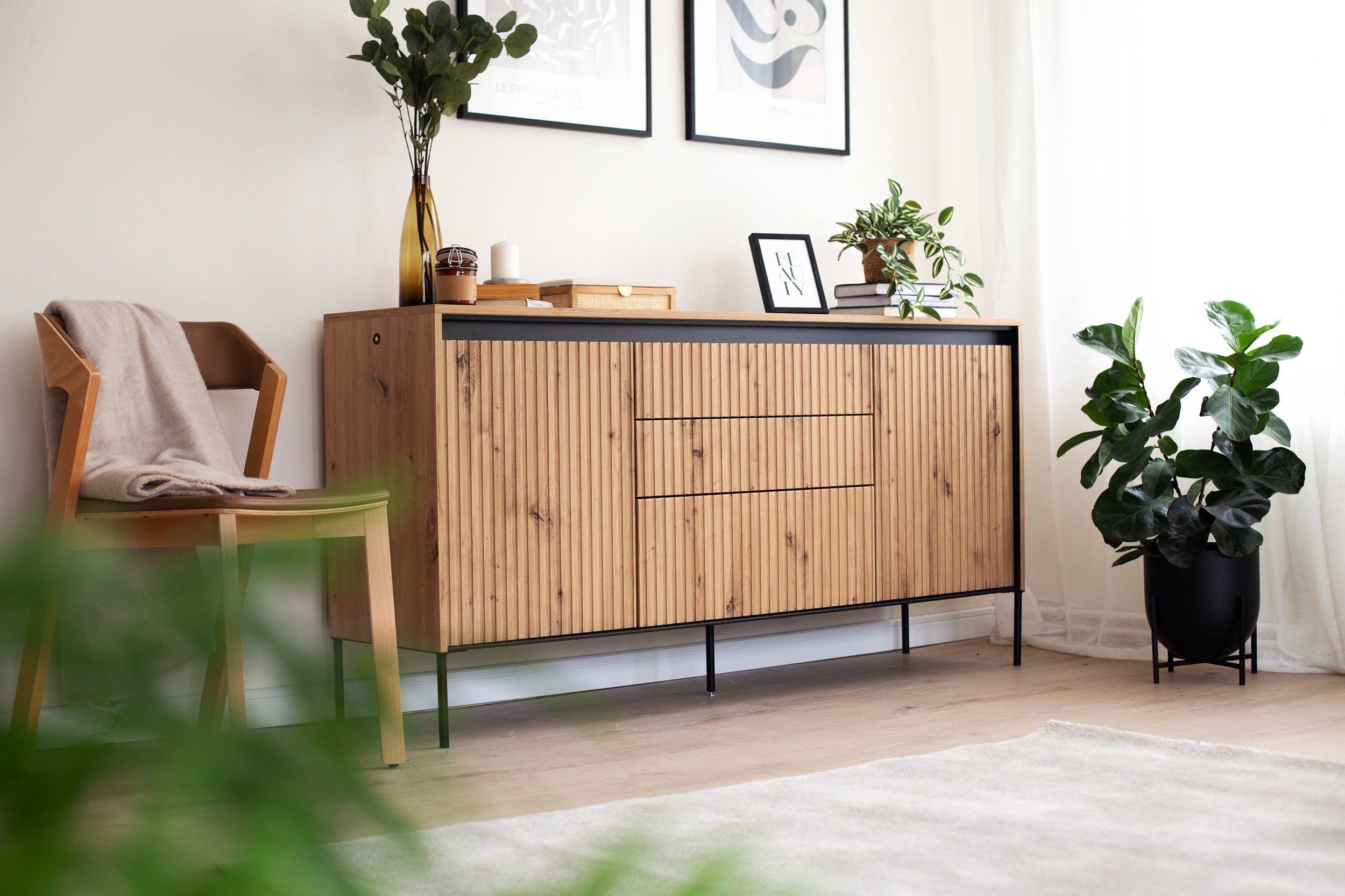 Trend Kommode mit zwei Türen, 166 cm, mit drei LED-Schubladen, Artisan-Eiche