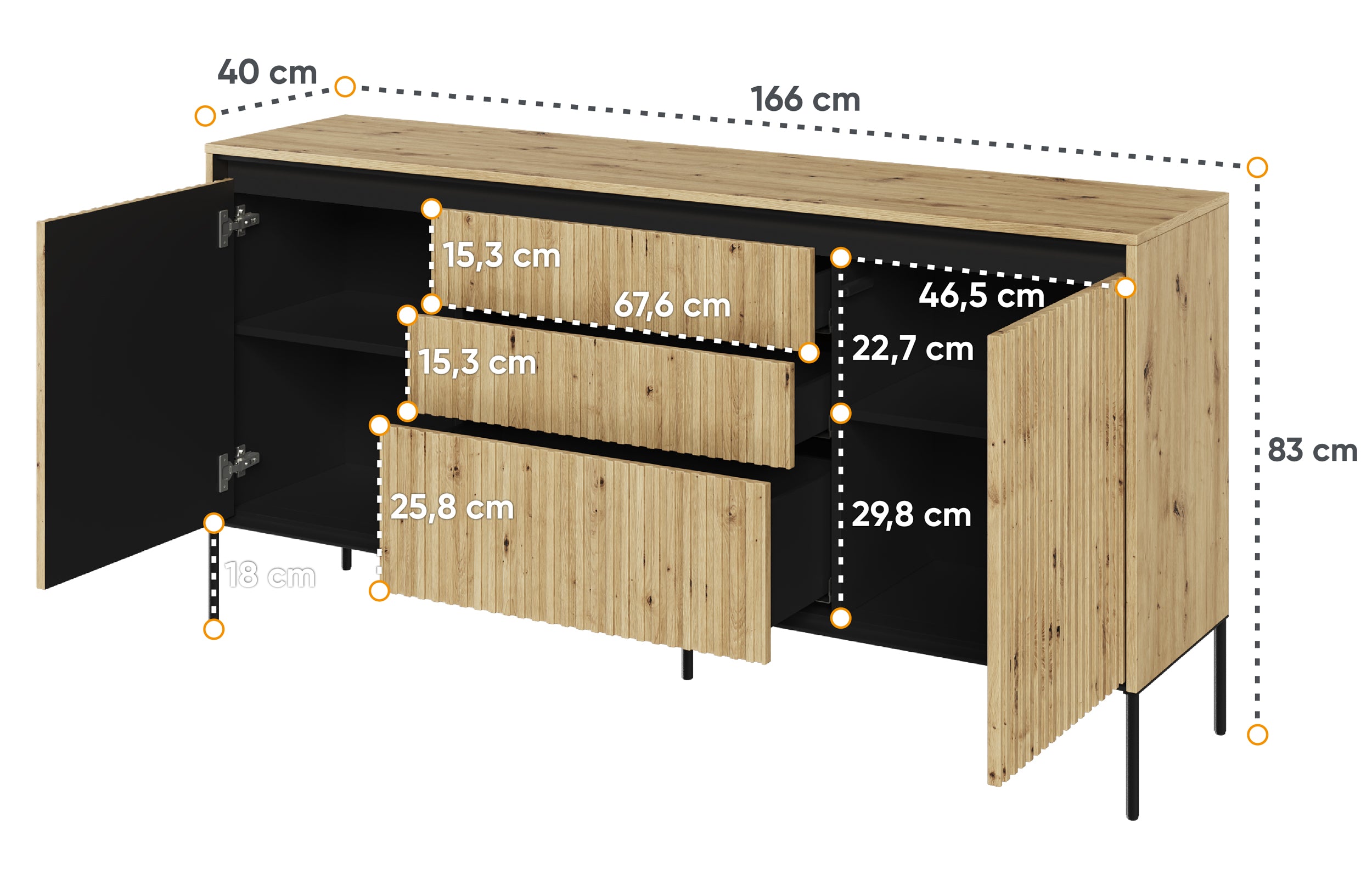 Trend Kommode mit zwei Türen, 166 cm, mit drei LED-Schubladen, Artisan-Eiche