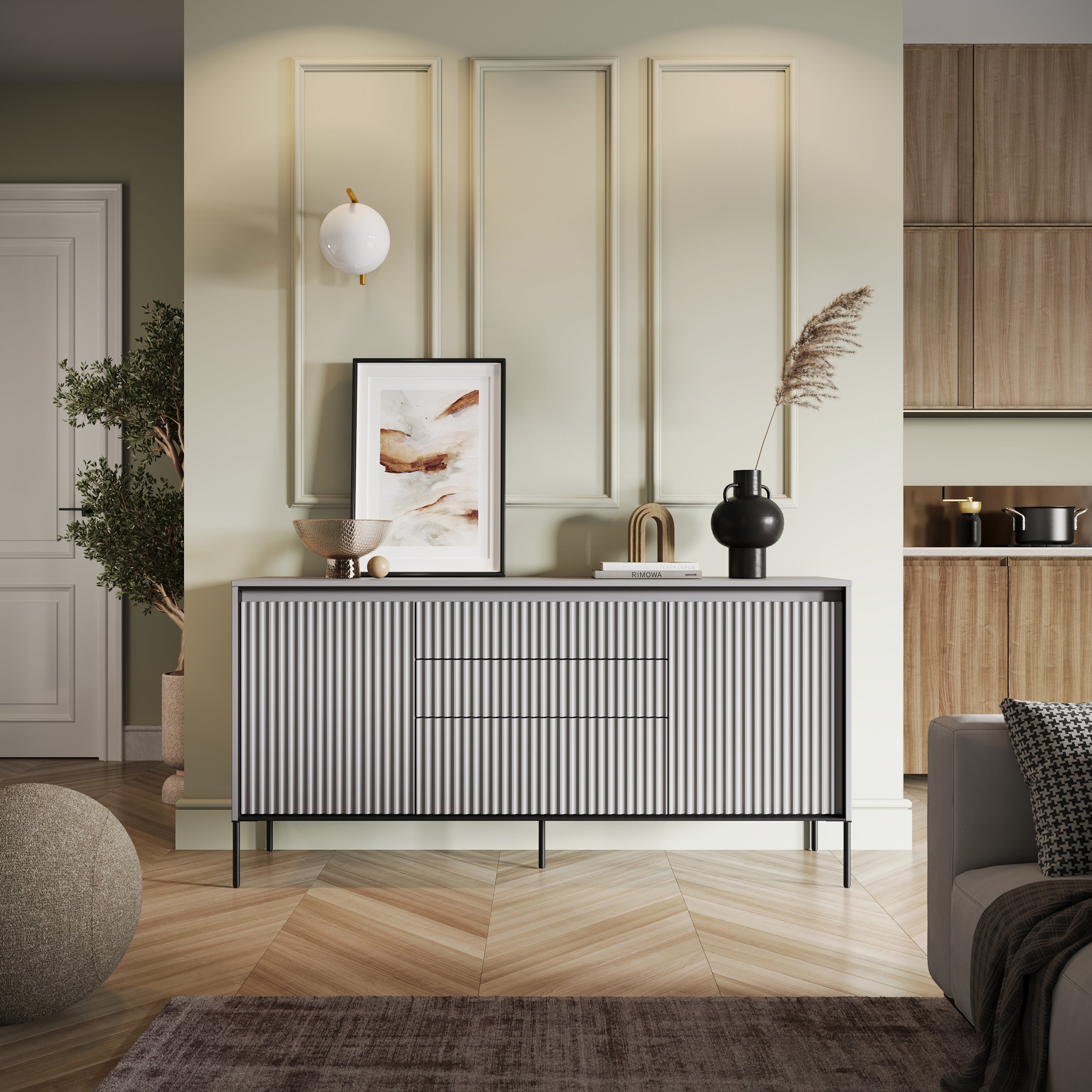 Trend Kommode mit zwei Türen, 166 cm, mit drei Schubladen und LED, Grau