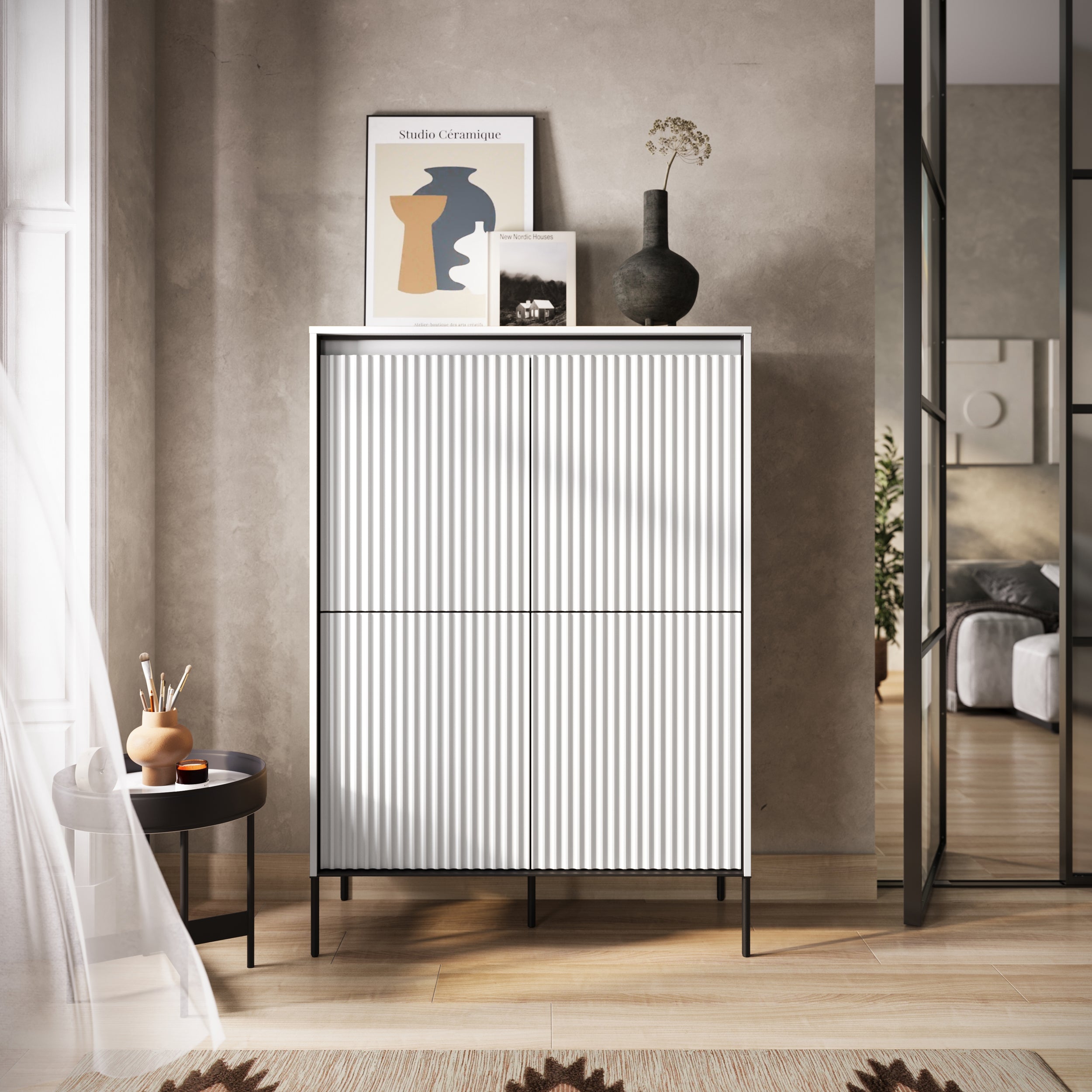 Vier­türige Kommode Trend, hoch 98 cm, mit LED, Weiß