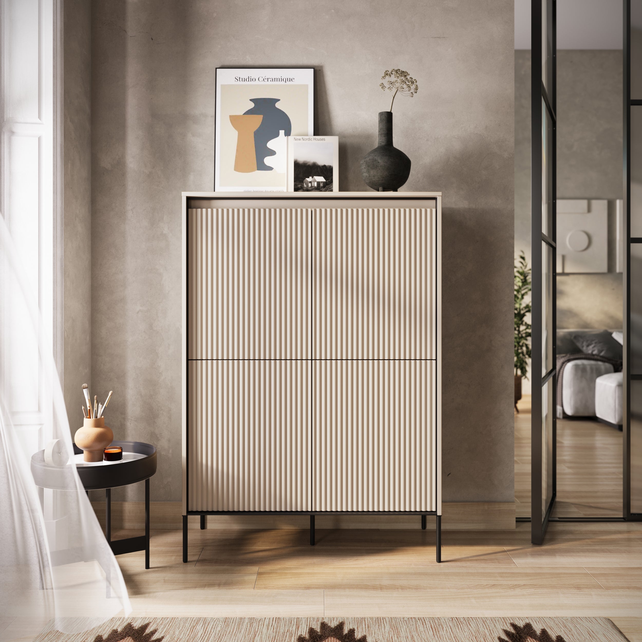 Hohe vierflügelige Kommode Trend 98 cm mit LED Beige