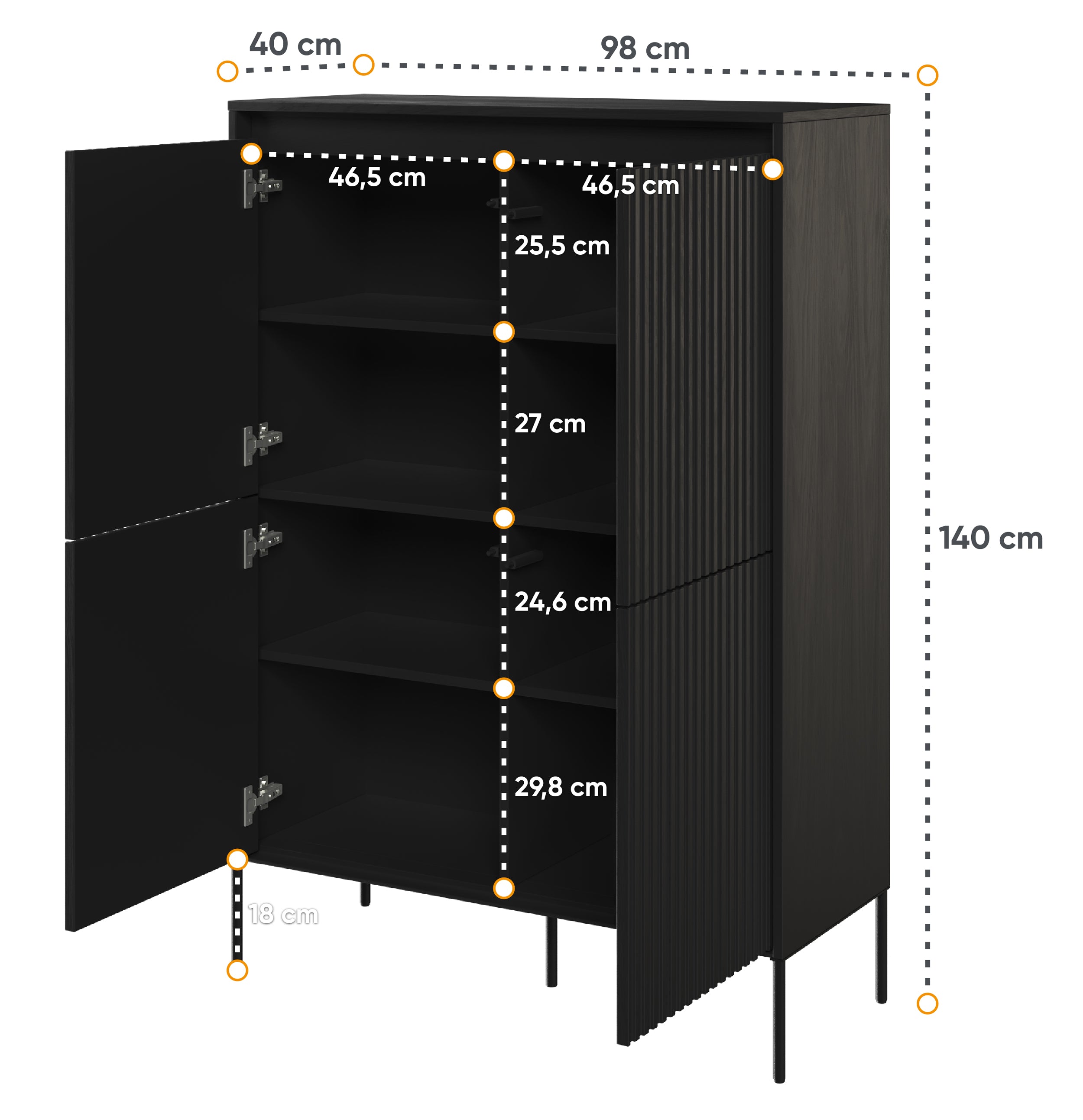 Trend vier­türige hohe Kommode 98 cm mit LED Schwarz