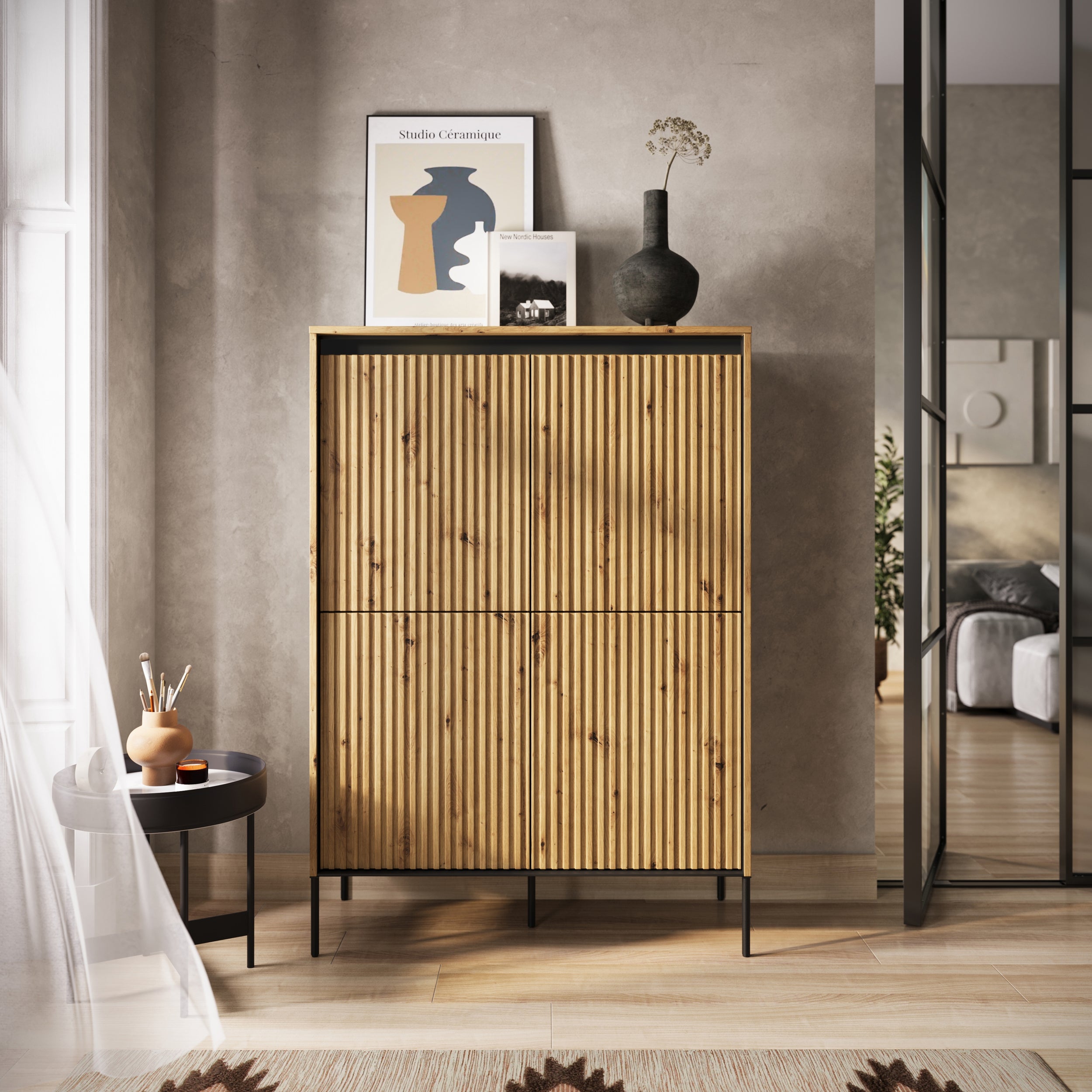 Vier­türige hohe Kommode Trend 98 cm mit LED Artisan-Eiche