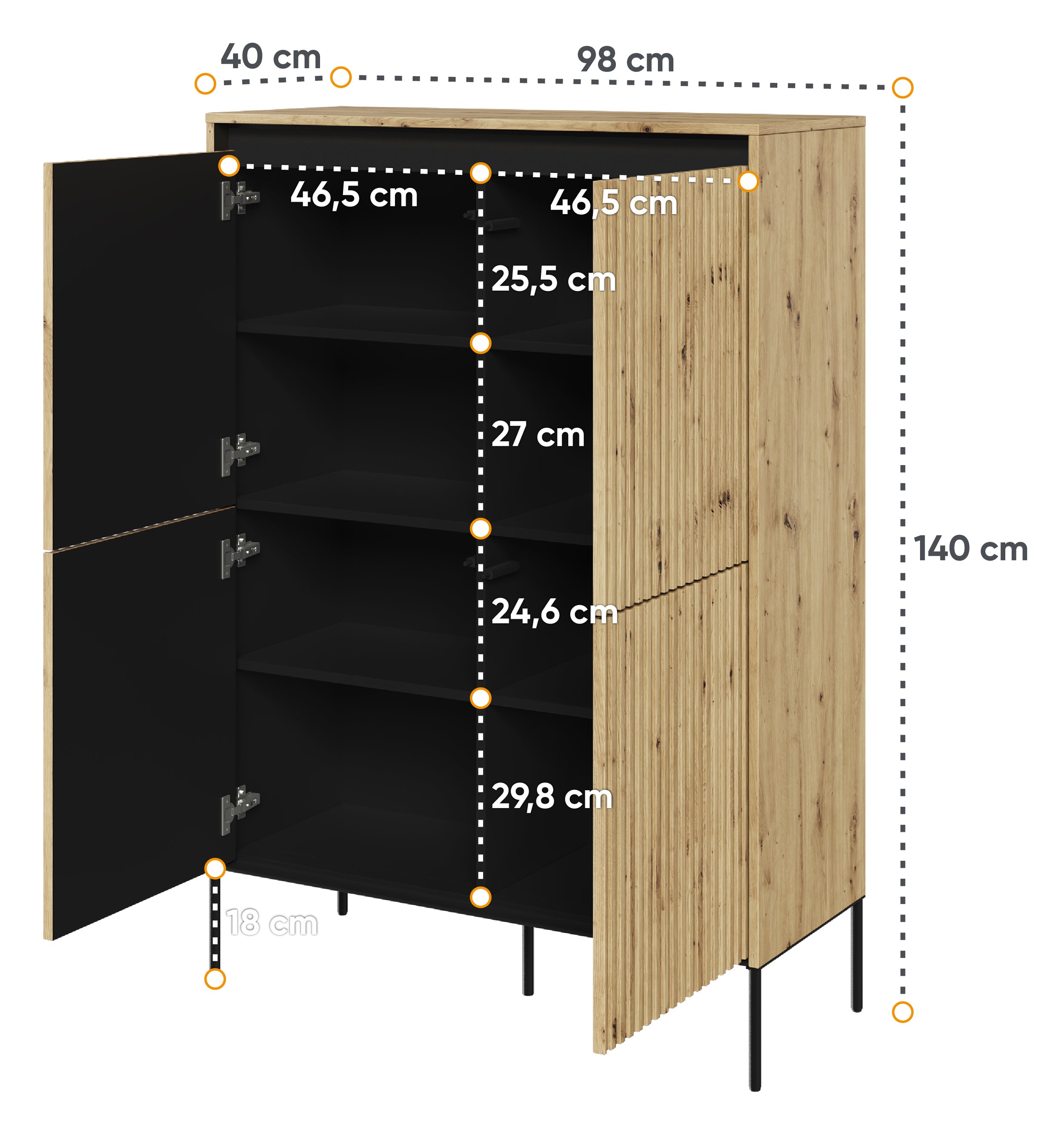 Vier­türige hohe Kommode Trend 98 cm mit LED Artisan-Eiche