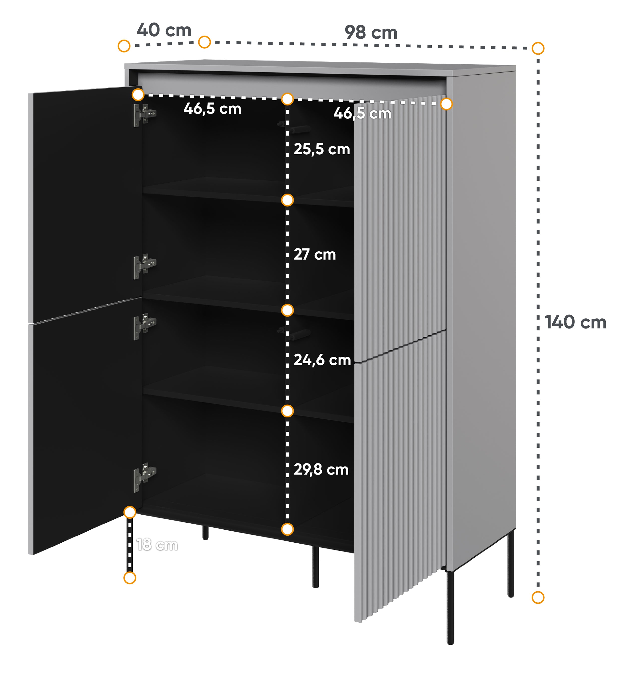 Vier­tü­rige Kommode Trend, hoch, 98 cm, mit LED, Grau