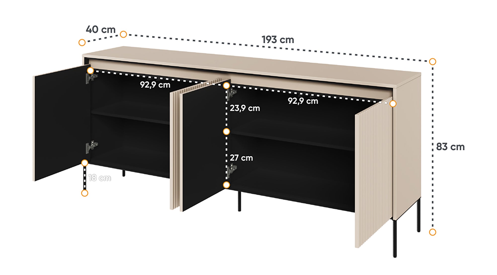 Niedriger vier­türiger Trend-Kommode 193 cm mit LED Beige