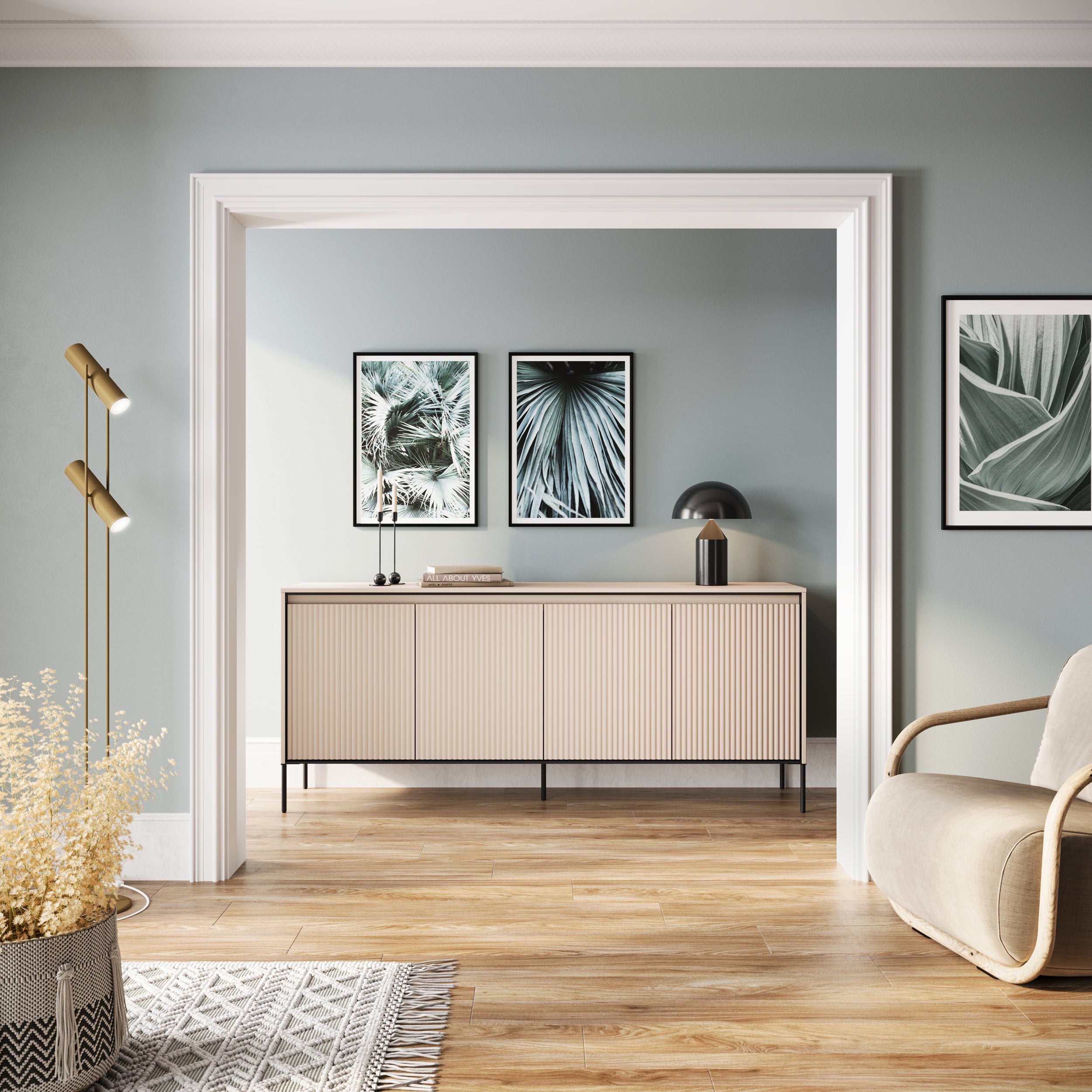 Niedriger vier­türiger Trend-Kommode 193 cm mit LED Beige