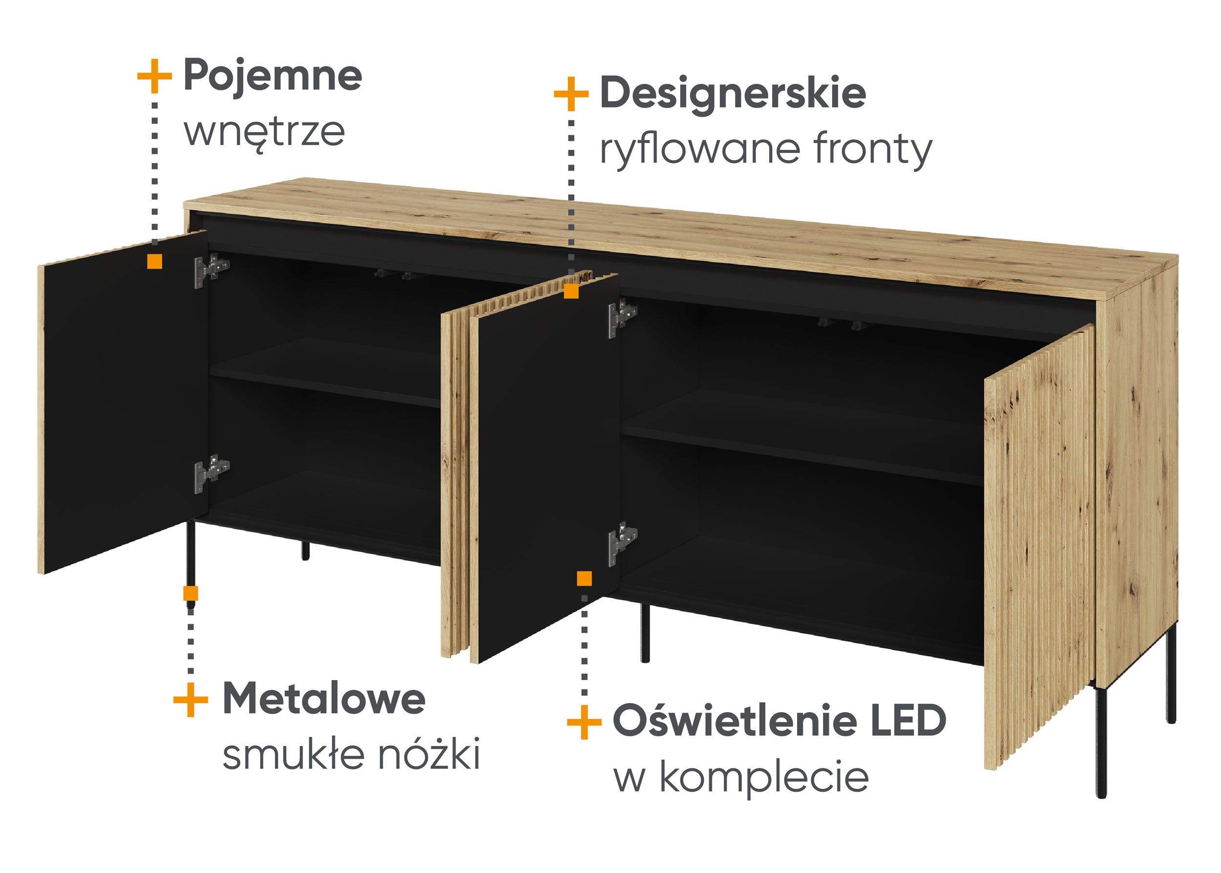 Niedriger vierflügeliger Trend-Kommode 193 cm mit LED Artisan-Eiche