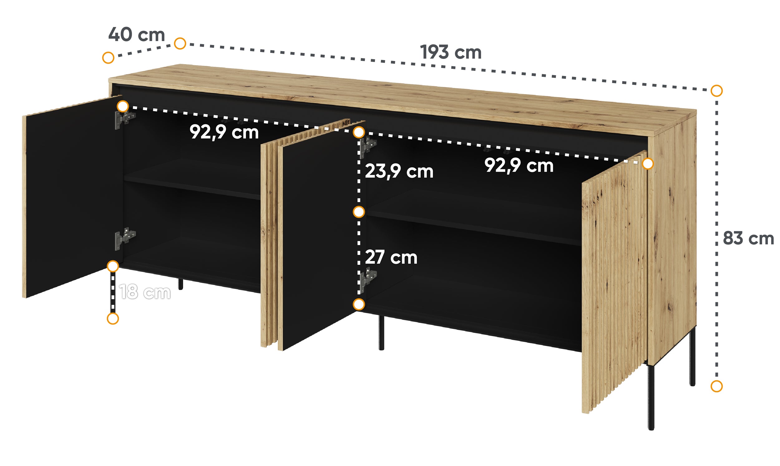 Niedriger vierflügeliger Trend-Kommode 193 cm mit LED Artisan-Eiche