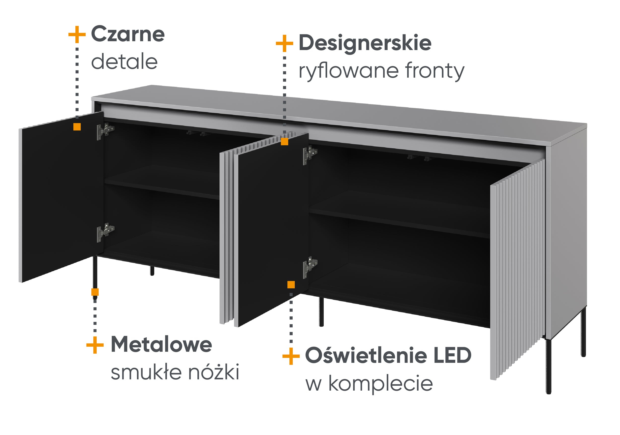 Vier­türige Kommode Trend niedrig 193 cm mit LED Grau