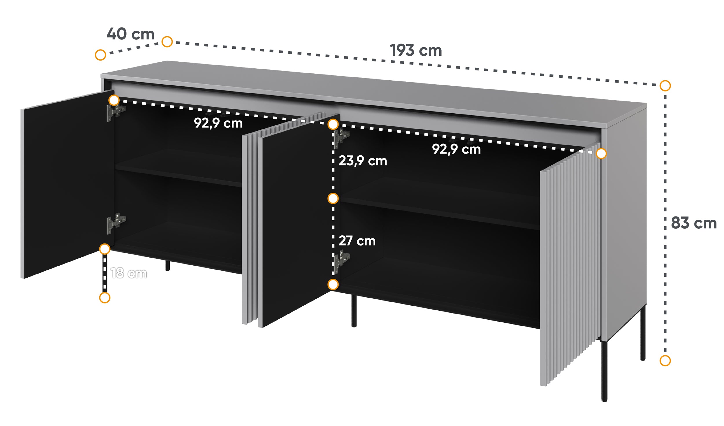Vier­türige Kommode Trend niedrig 193 cm mit LED Grau