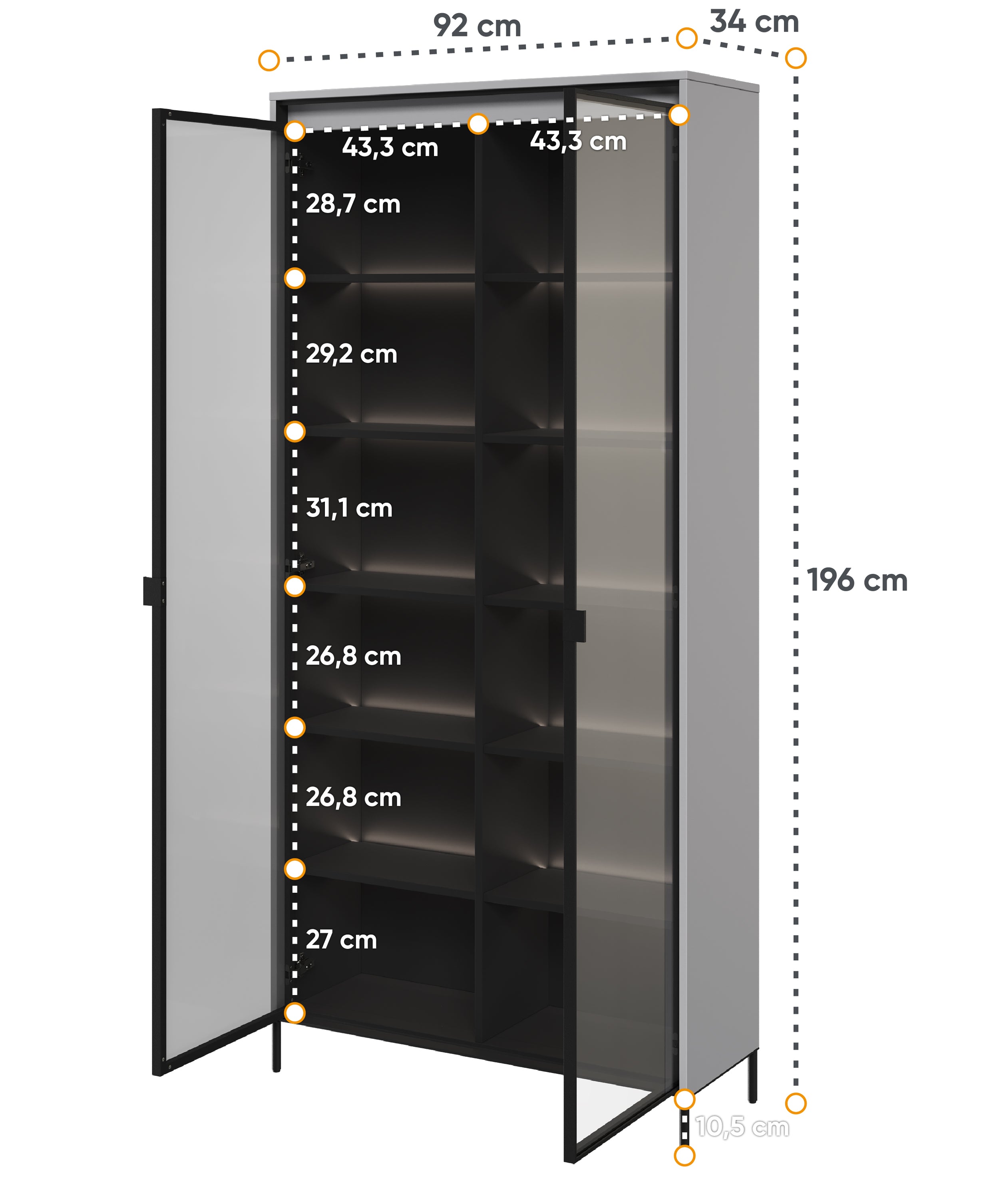 Zweiflügeliger Trend-Schrank 92 cm mit LED, Grau
