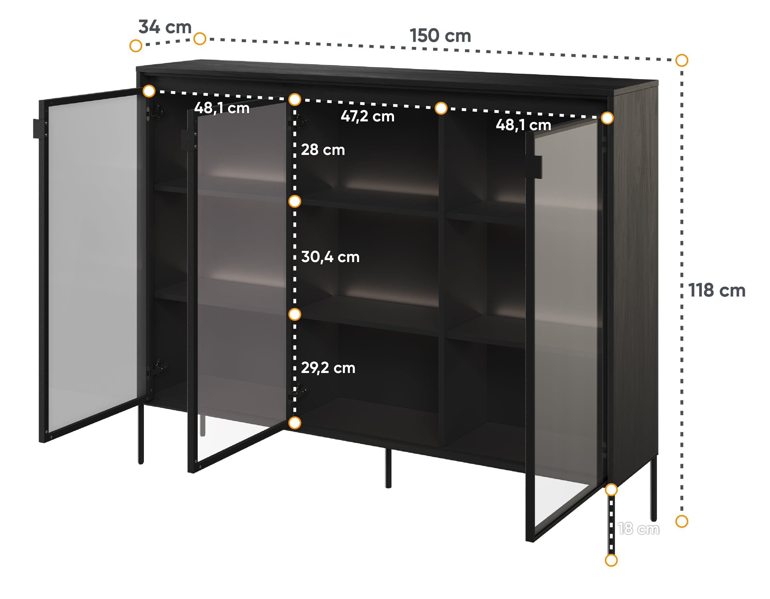 Drehtürenschrank Trend 150 cm mit LED Schwarz