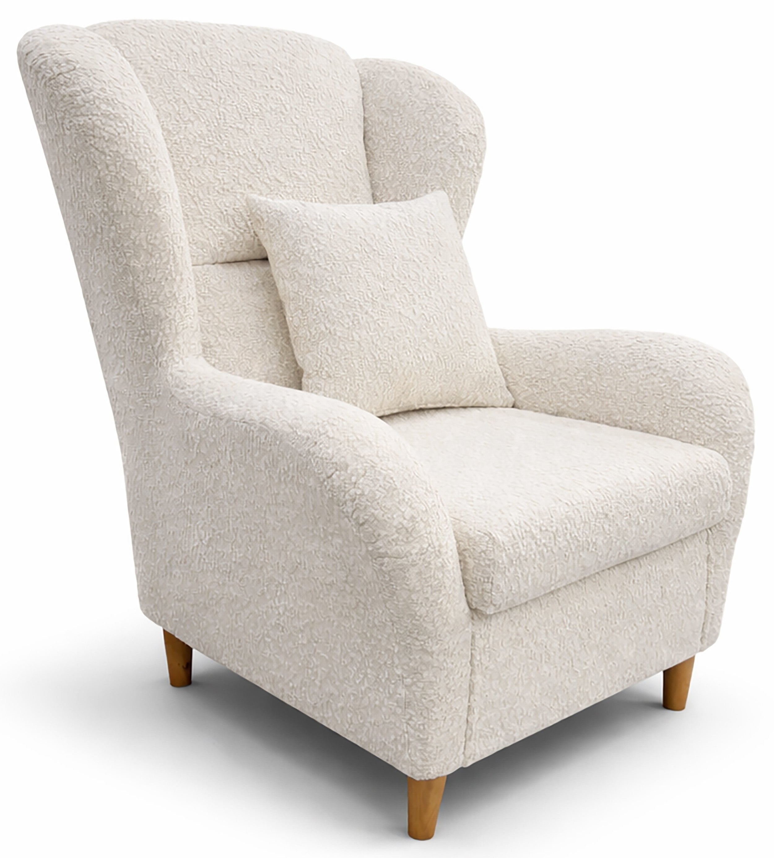 Ohrensessel Teddlo, cremefarbener Chenille, Beine aus Buche