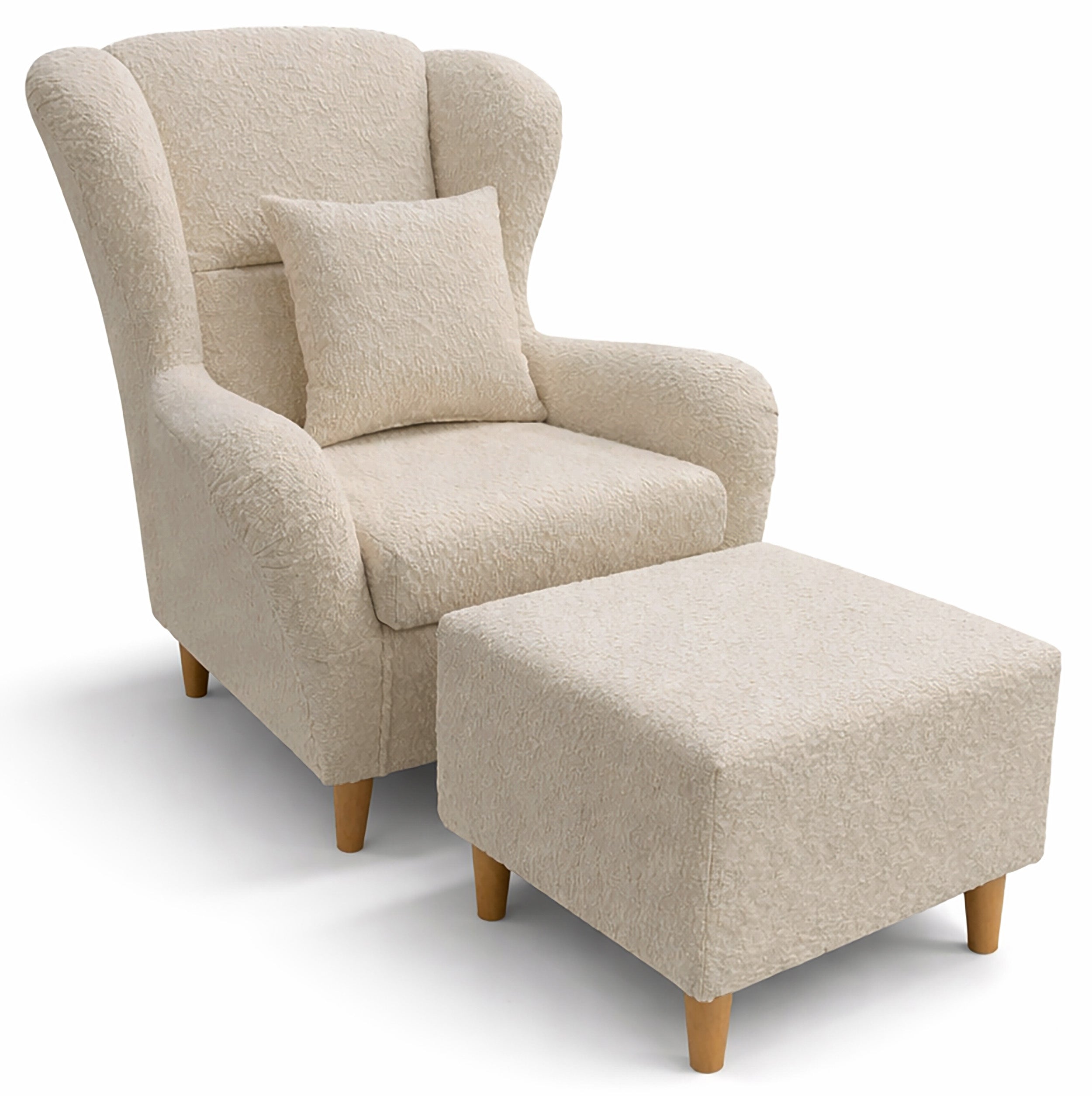 Ohrensessel Teddlo mit Fußhocker, beige Chenille, Buchenholzbeine