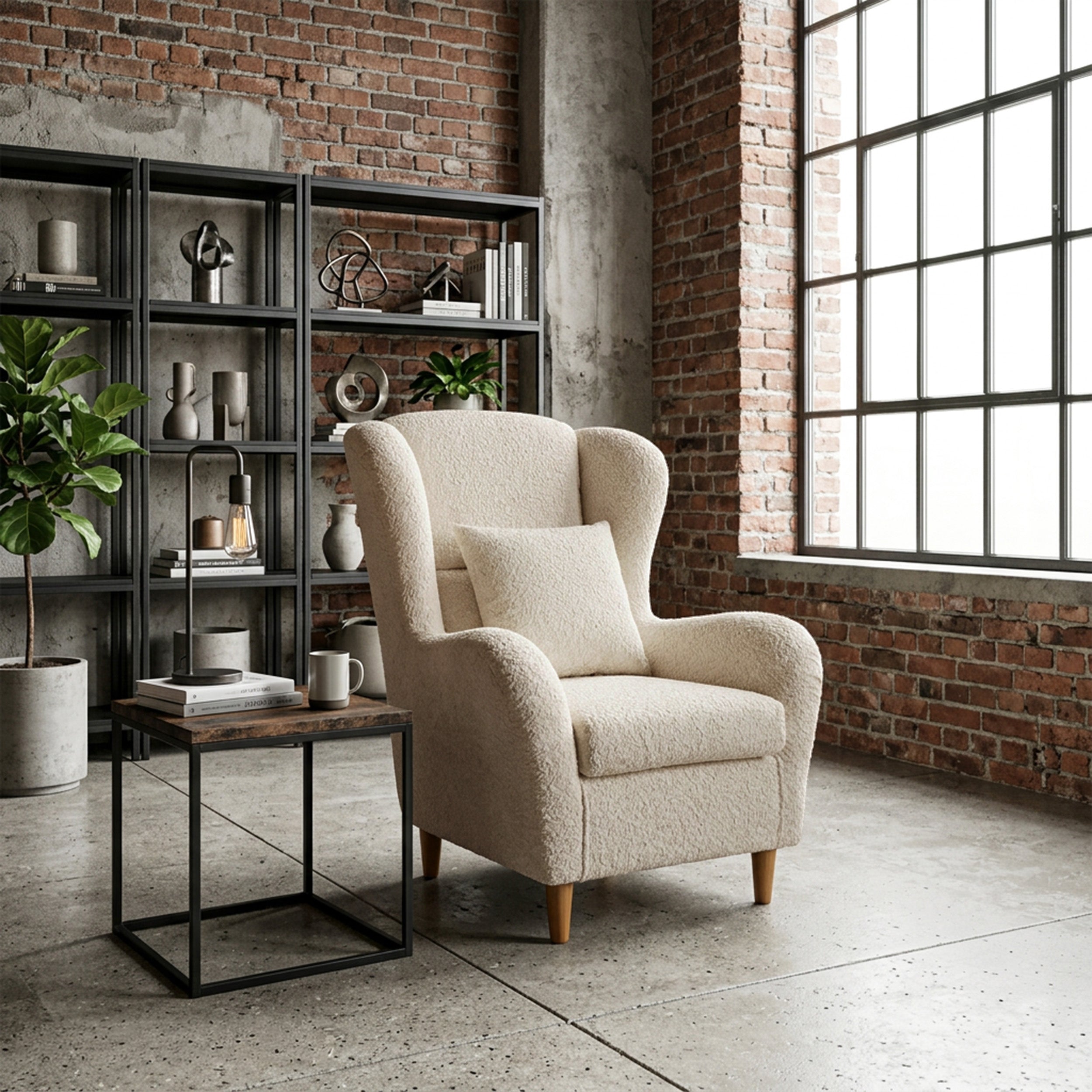 Ohrensessel Teddlo beige Chenille mit Buchenholzbeinen