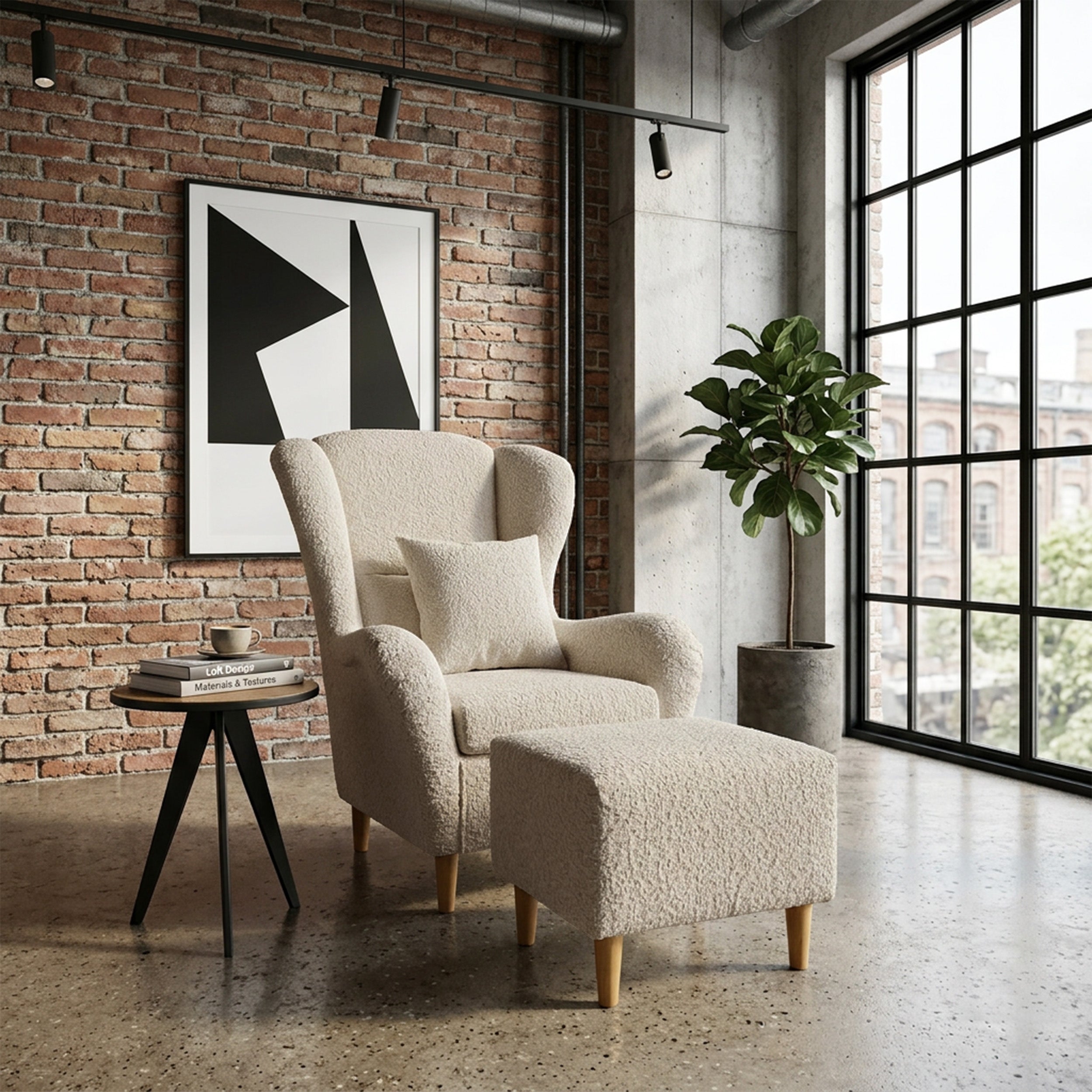 Ohrensessel Teddlo mit Fußhocker, beige Chenille, Buchenholzbeine
