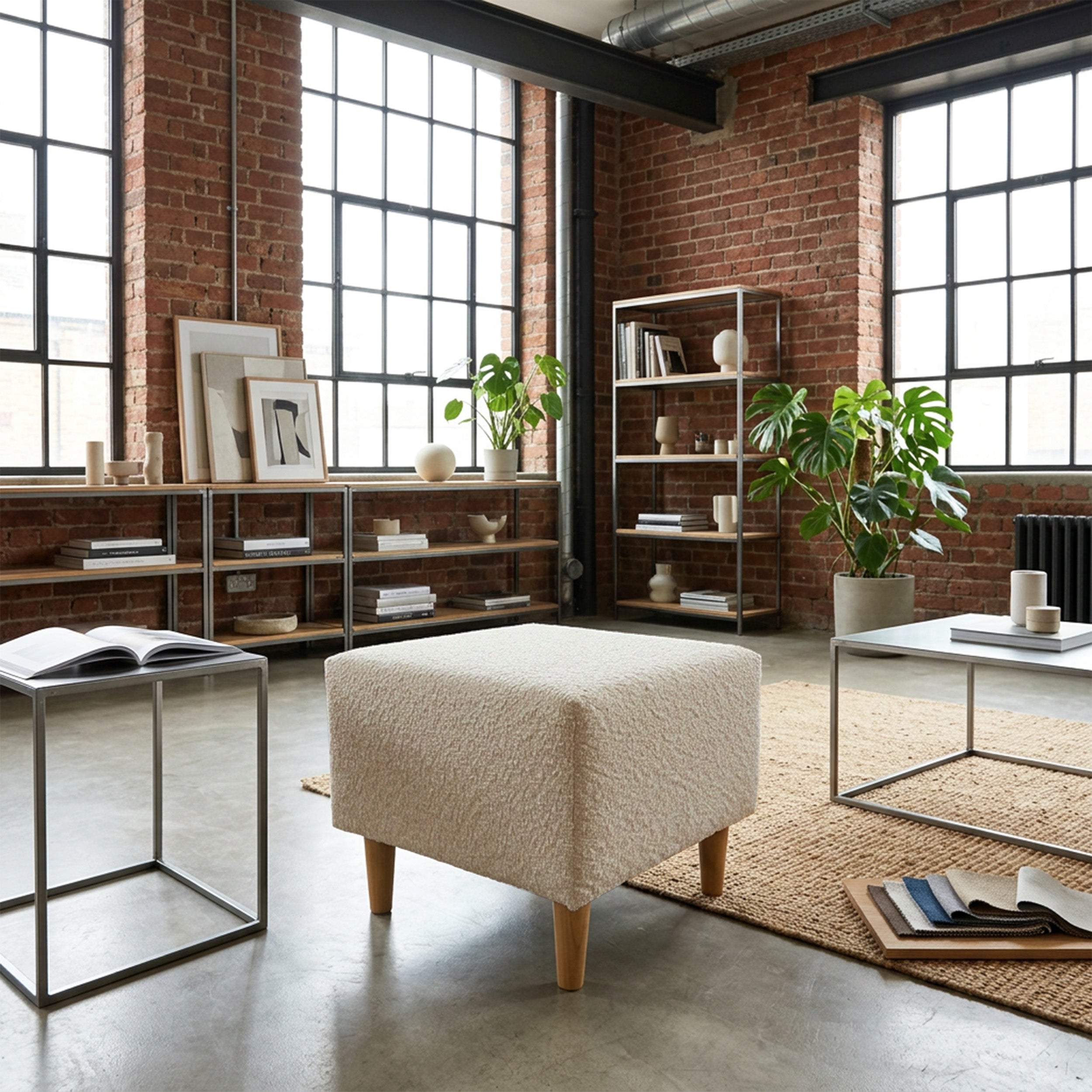 Ohrensessel Teddlo mit Fußhocker, beige Chenille, Buchenholzbeine