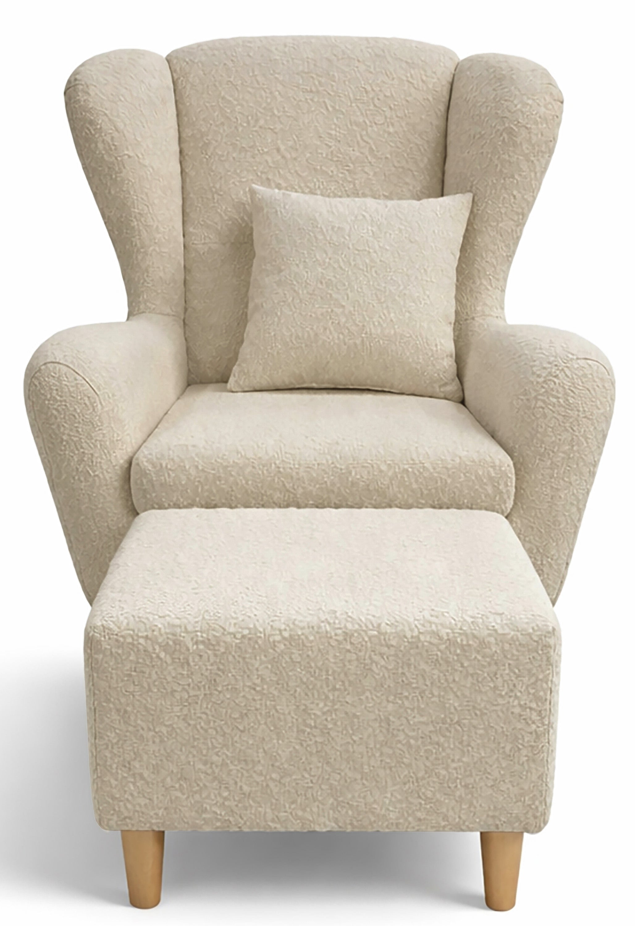 Ohrensessel Teddlo mit Fußhocker, beige Chenille, Buchenholzbeine