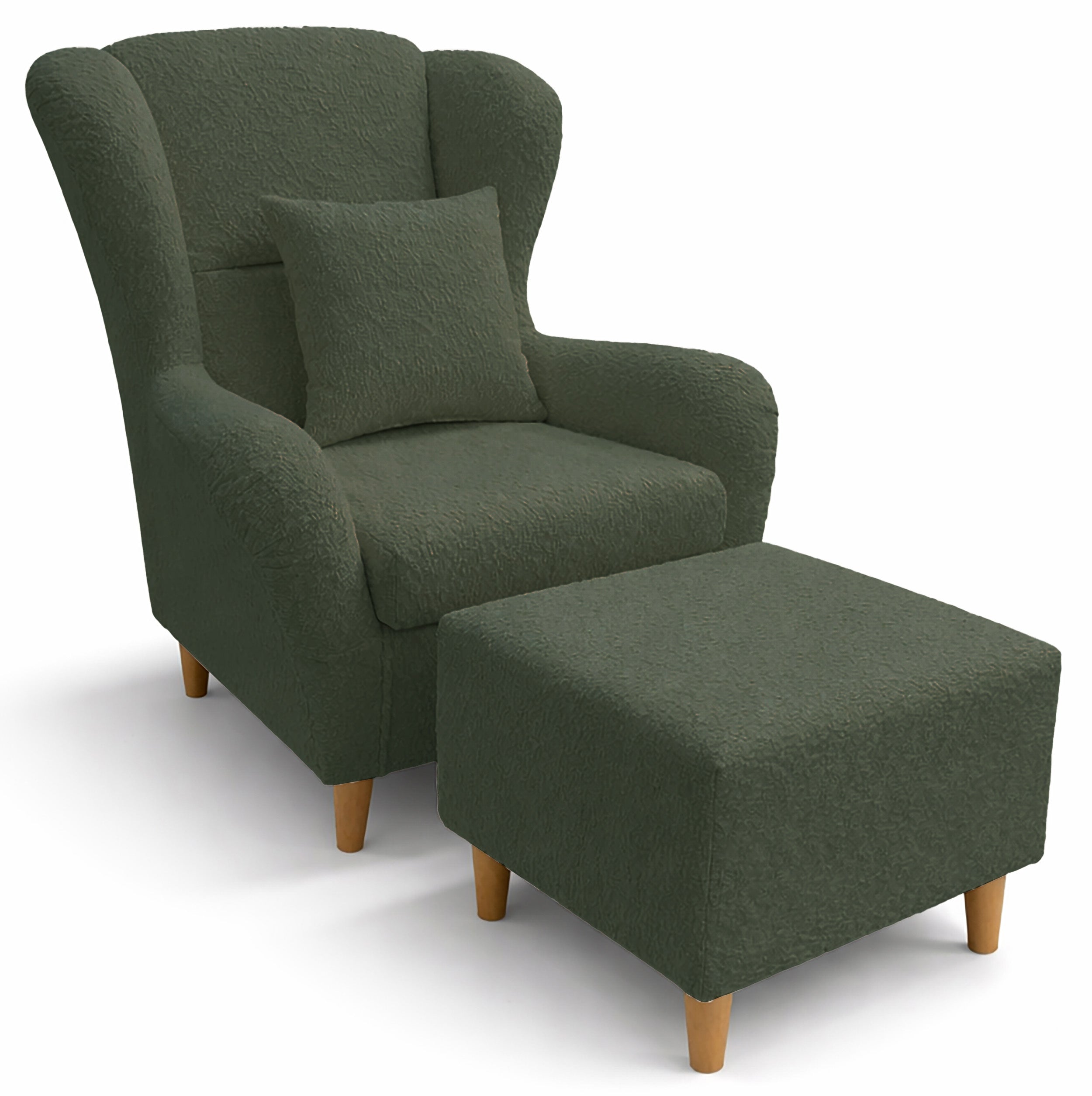 Ohrensessel Teddlo mit Fußhocker, grüner Chenille, Buchenbeine