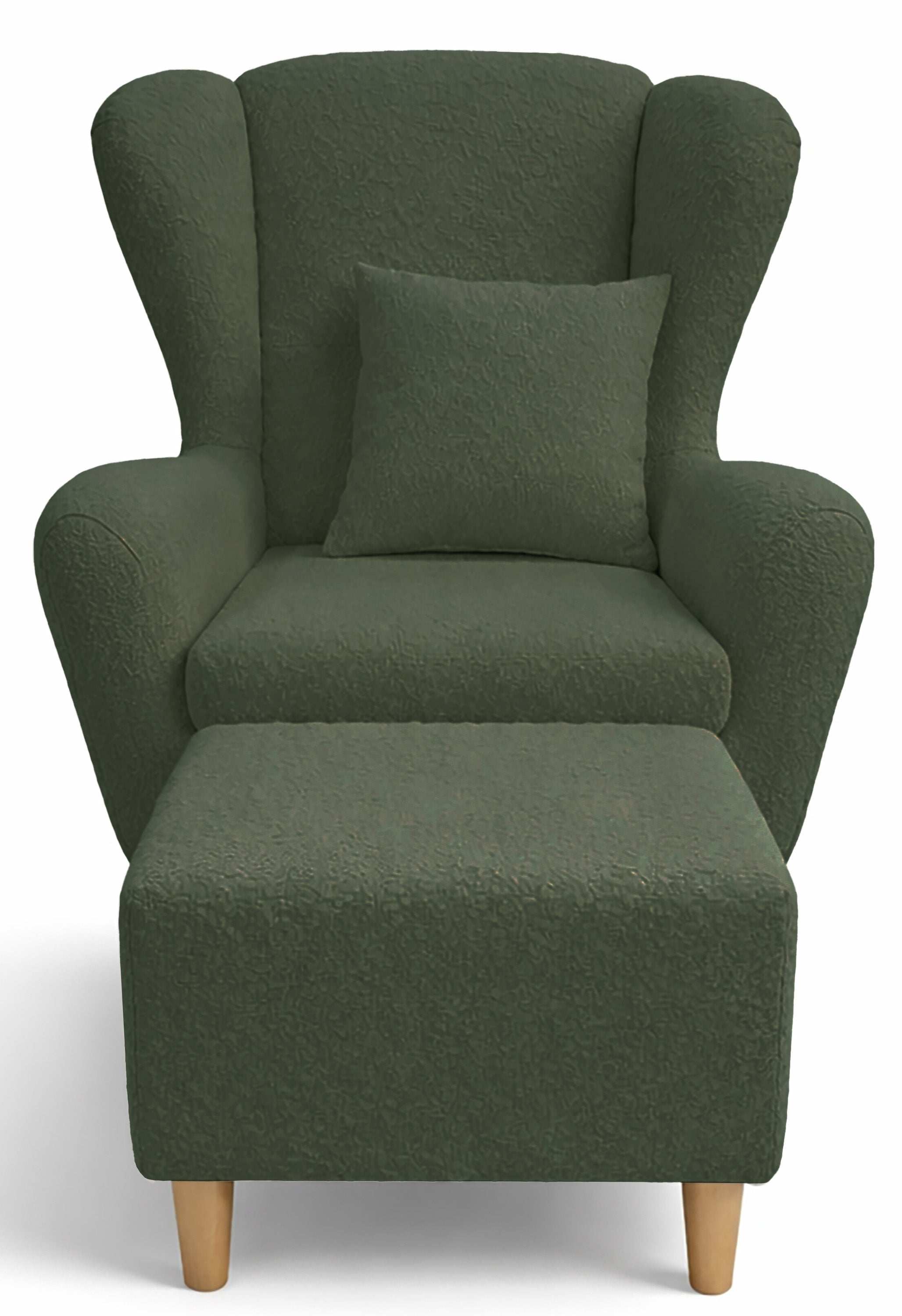 Ohrensessel Teddlo mit Fußhocker, grüner Chenille, Buchenbeine
