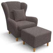 Ohrensessel Teddlo mit Fußhocker, graubrauner Chenille, Buchenholzfüße