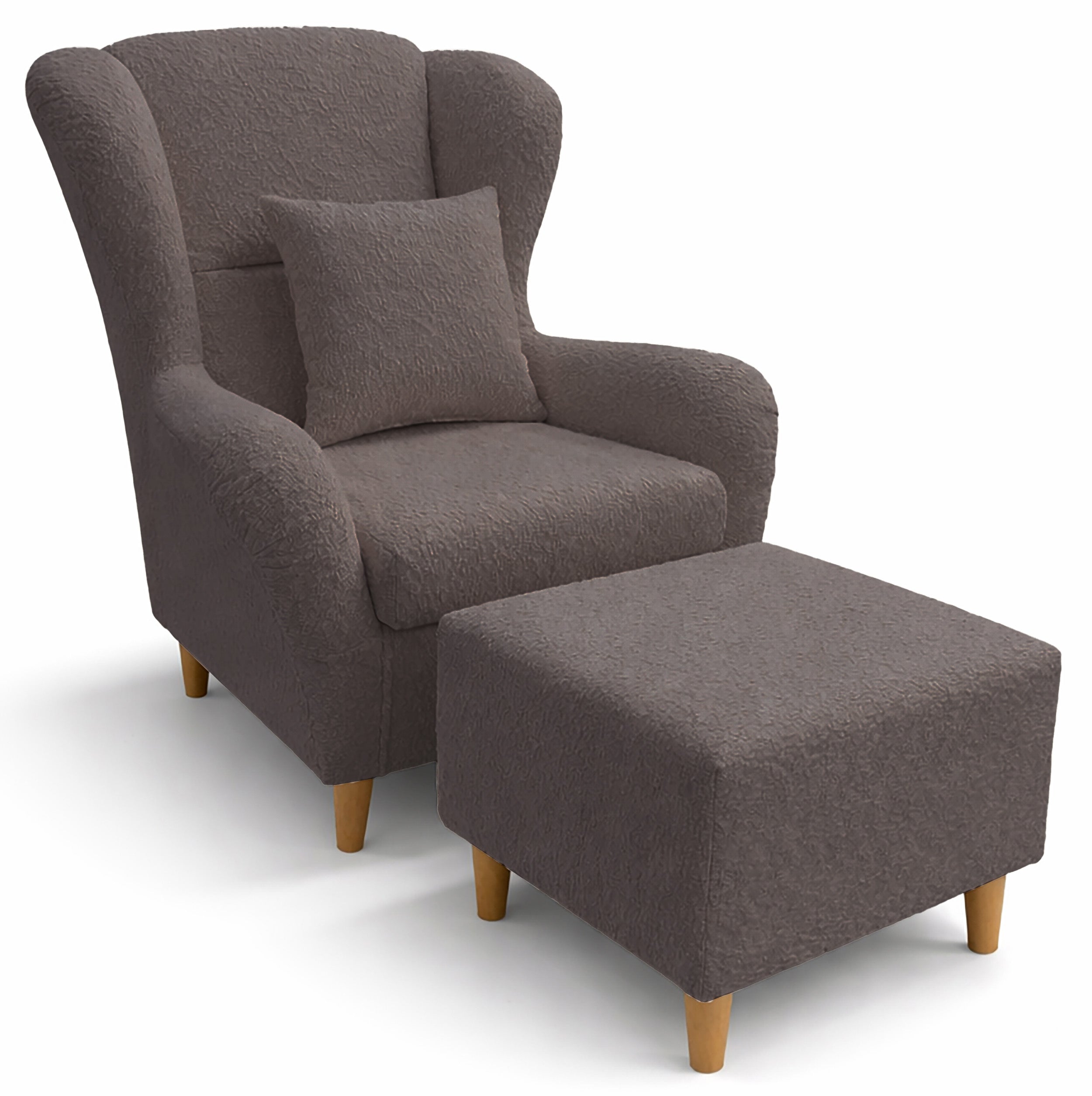 Ohrensessel Teddlo mit Fußhocker, graubrauner Chenille, Buchenholzfüße