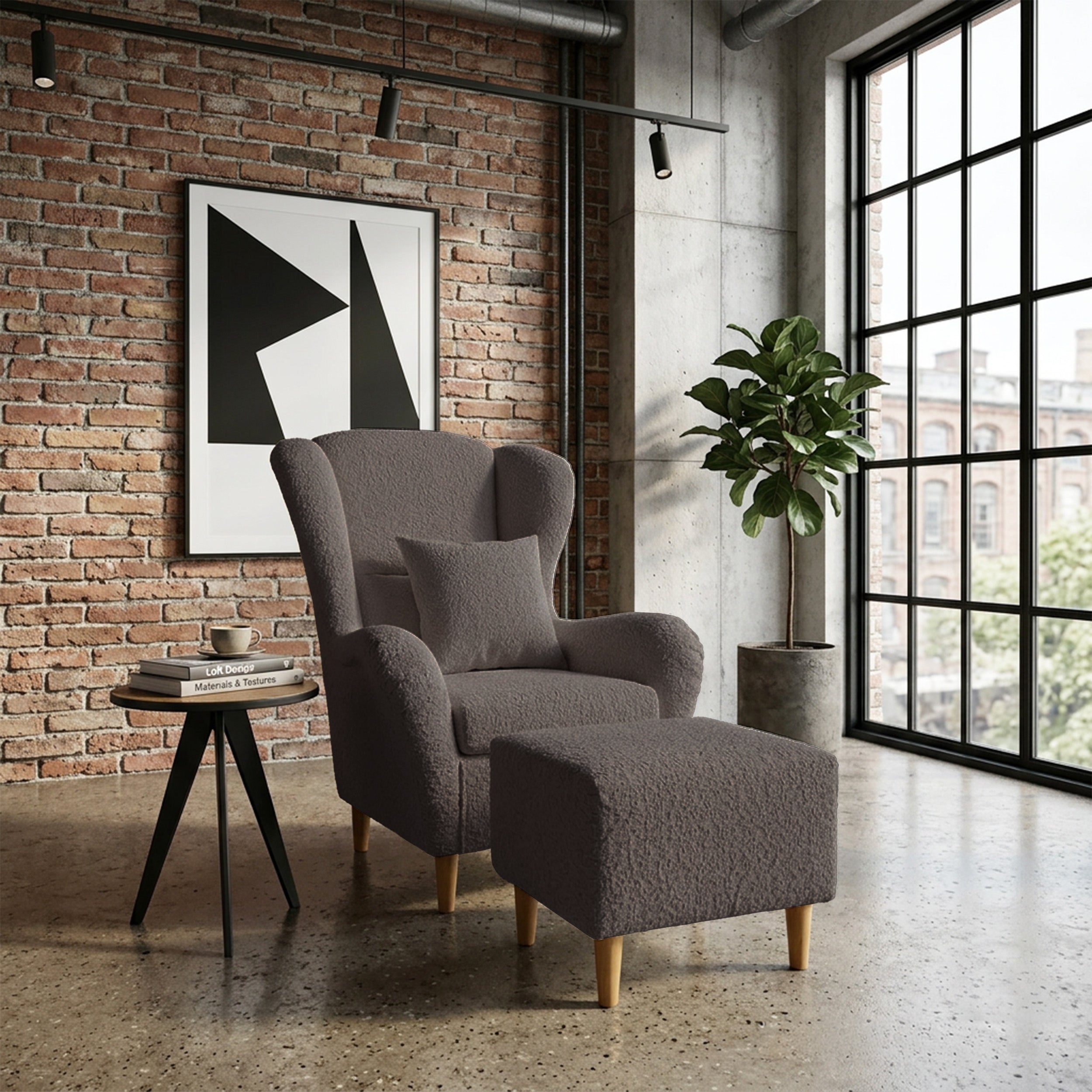 Ohrensessel Teddlo mit Fußhocker, graubrauner Chenille, Buchenholzfüße