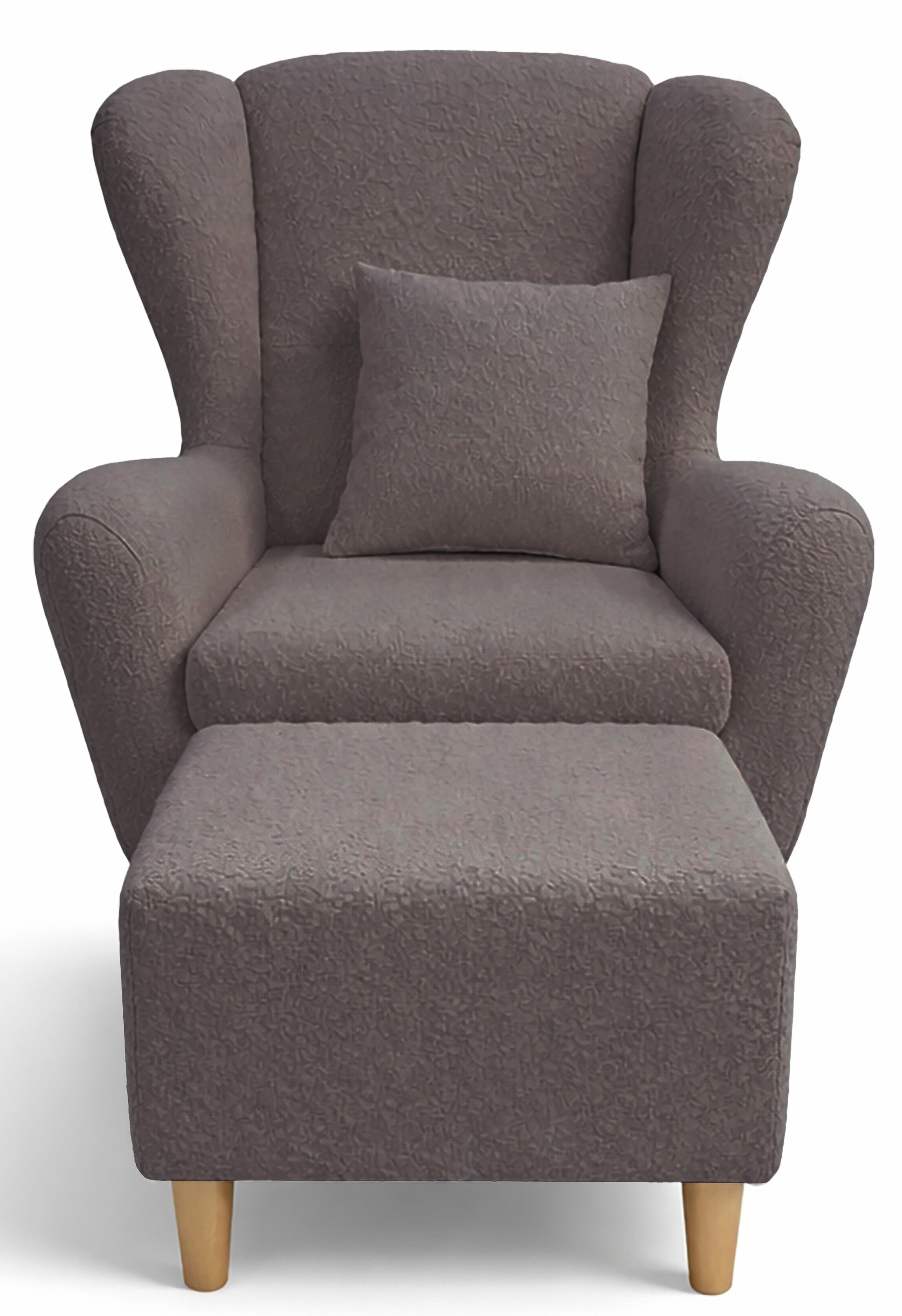 Ohrensessel Teddlo mit Fußhocker, graubrauner Chenille, Buchenholzfüße