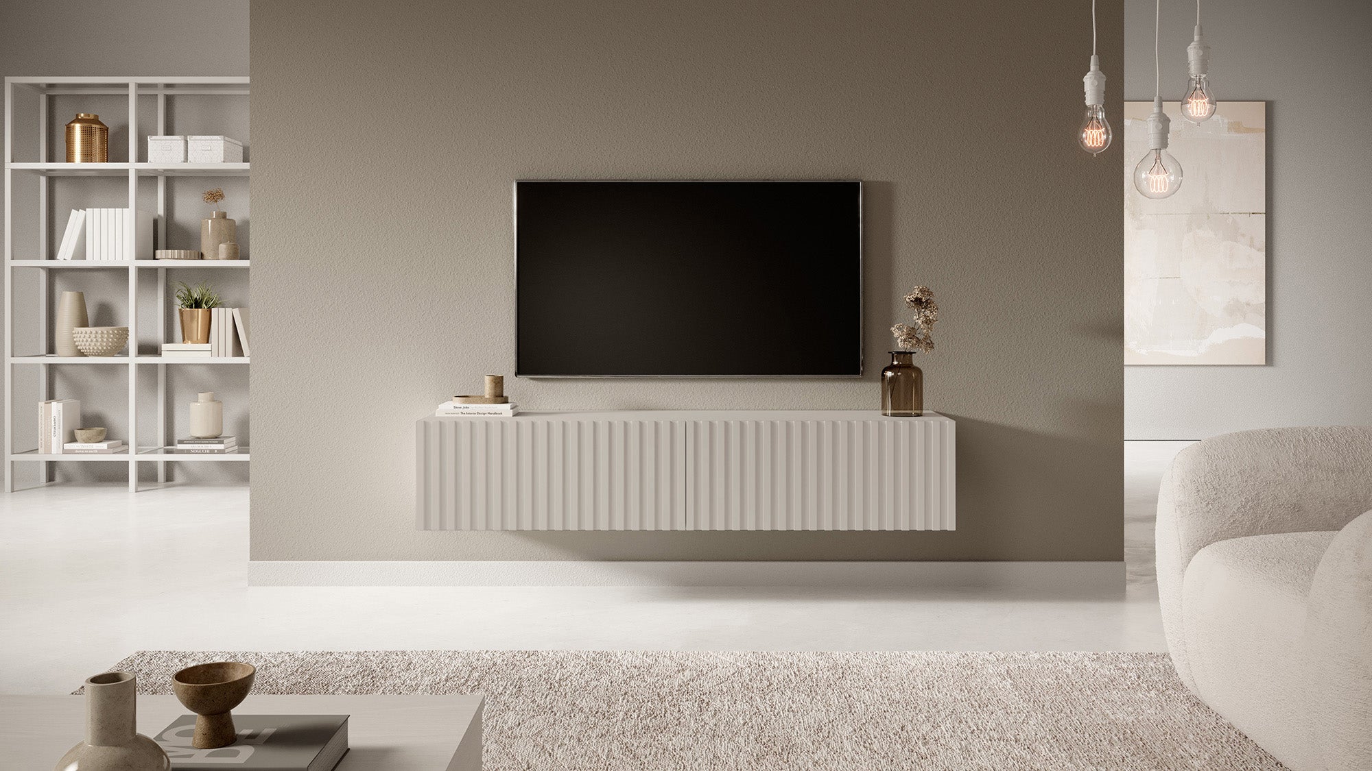 TV-Schrank Telire 138,6 cm Grau-Beige mit Lamellenfront